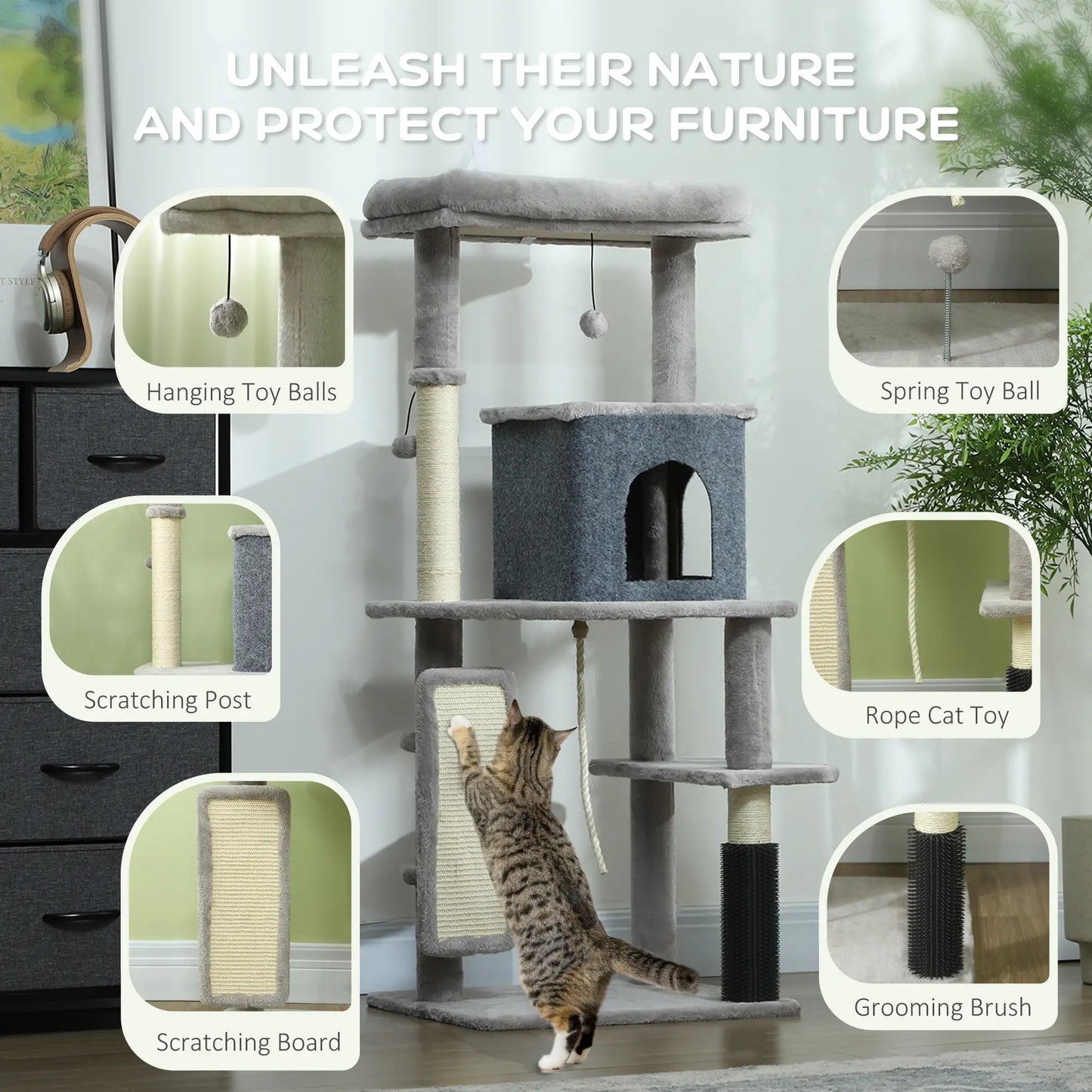 52 Inch Cat Tree, Scratching Posts, Bed, Condo, Grooming Brush Cat Trees at Gallery Canada