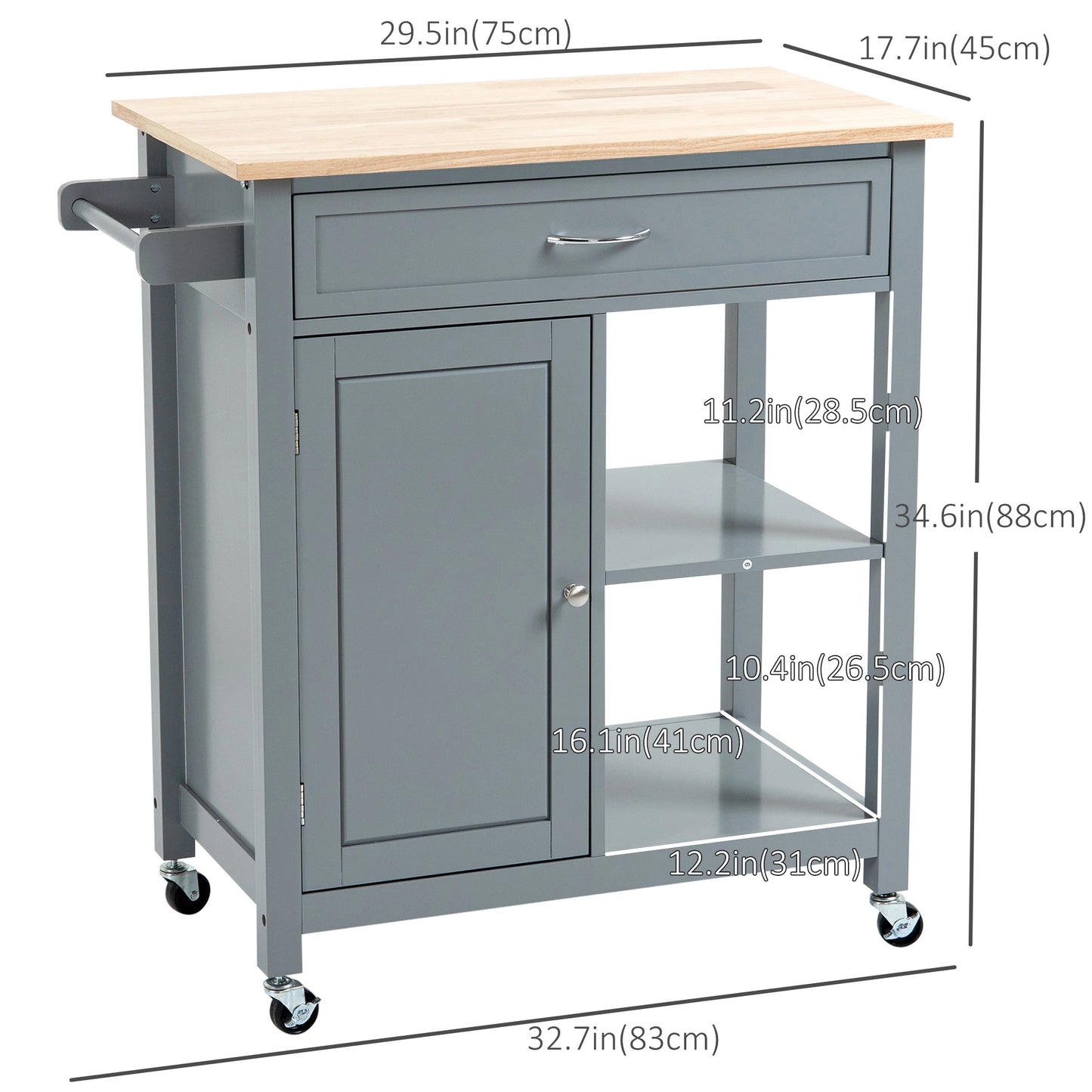 Rolling Kitchen Cart, Wood Top with Drawer, Kitchen Island on Wheels, Grey Kitchen Islands & Kitchen Carts at Gallery Canada