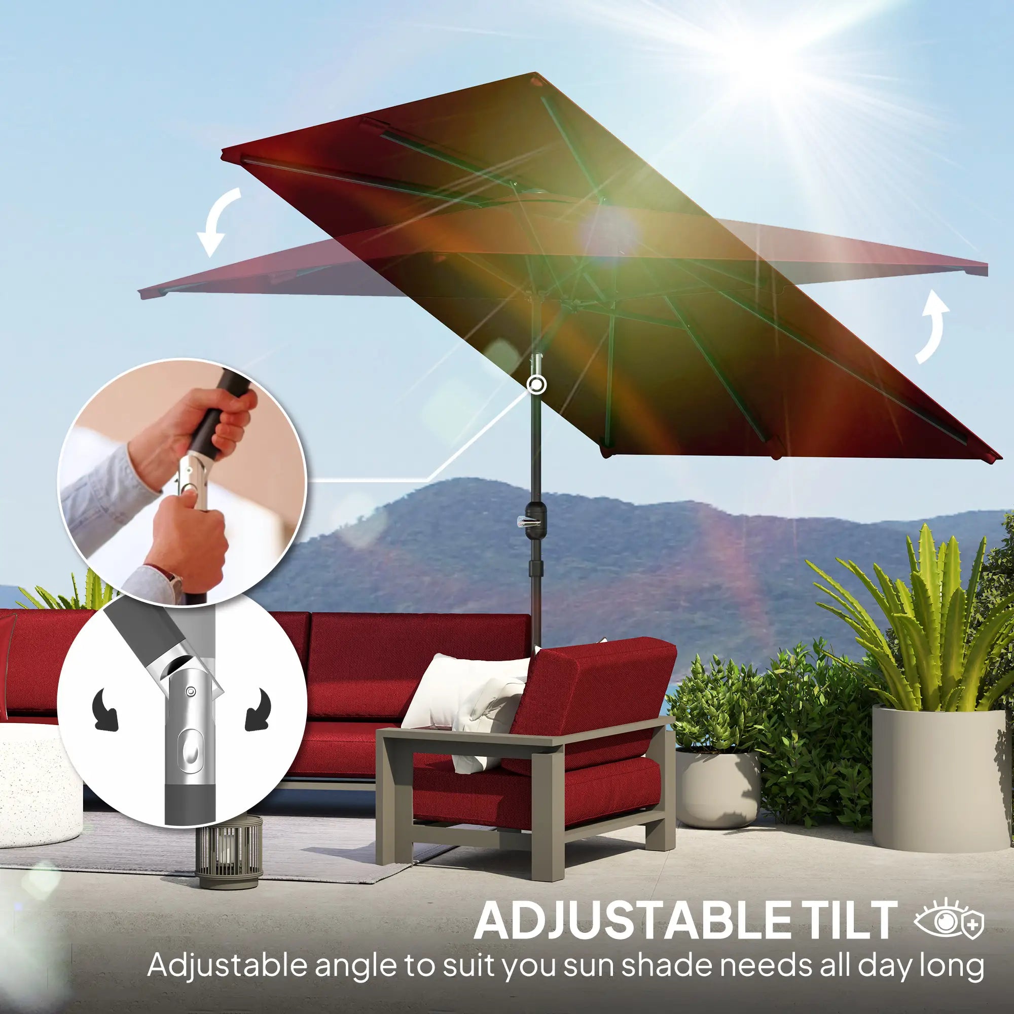 6.6x9.6ft Rectangle Aluminum Tilt Patio Umbrella, Outdoor Sunshade, Wine Red Sun Umbrellas at Gallery Canada