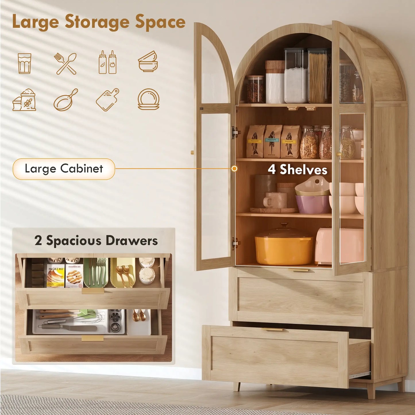 Arched Pantry Cabinet 71" Tall Oak, 2 Drawers, Oak