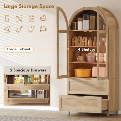 Arched Pantry Cabinet 71" Tall Oak, 2 Drawers, Oak