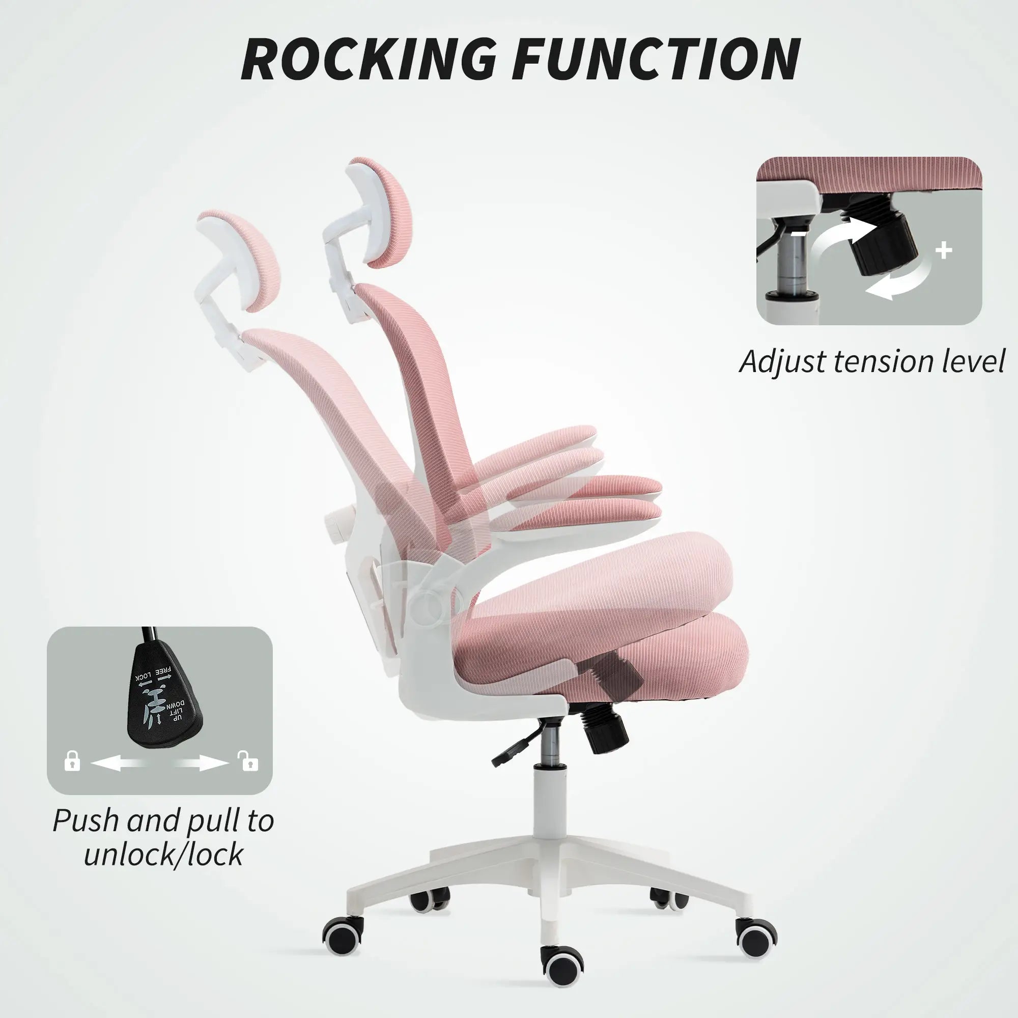 Mesh Office Chair, Adjustable Headrest, 4D Lumbar Support, Flip-Up Arm, Pink Office Chairs at Gallery Canada
