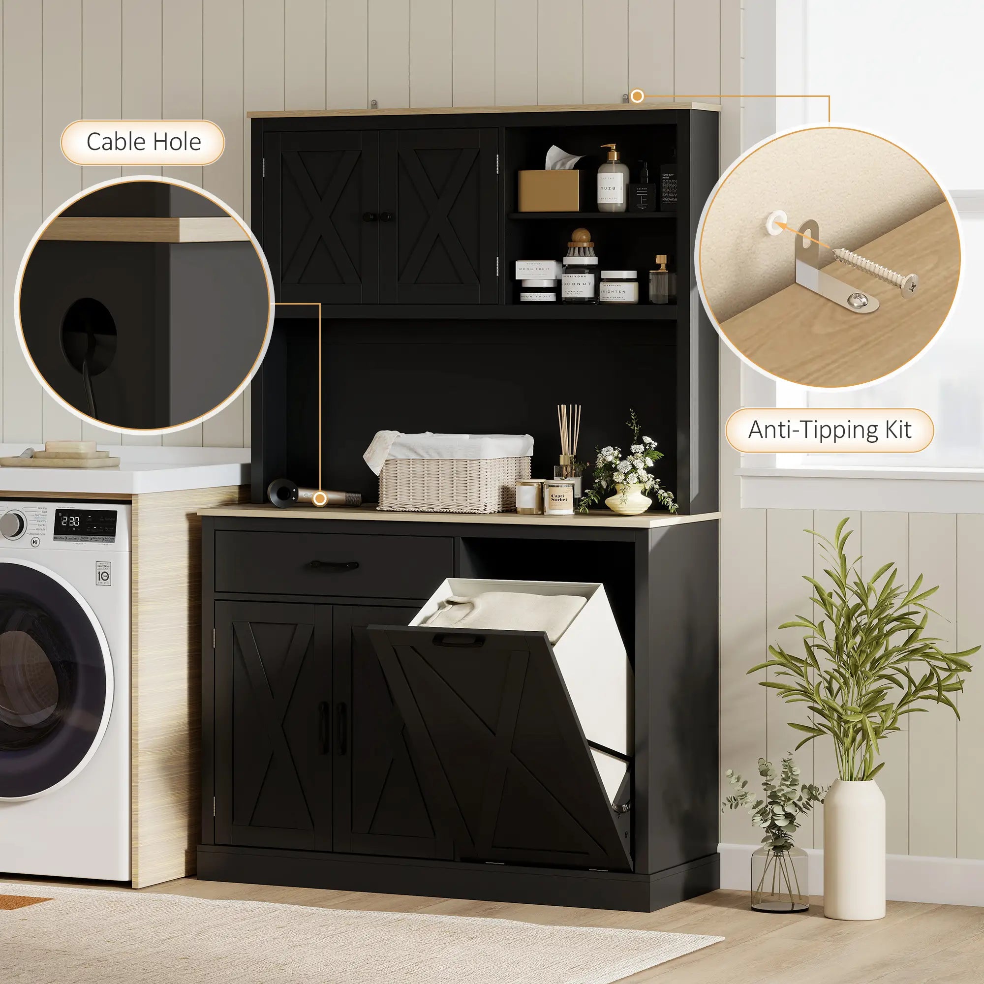 69 Inch Pantry Cabinet with Charging Station, Microwave Stand, Tilt-Out Trash Can, Black Kitchen Pantry Cabinets at Gallery Canada