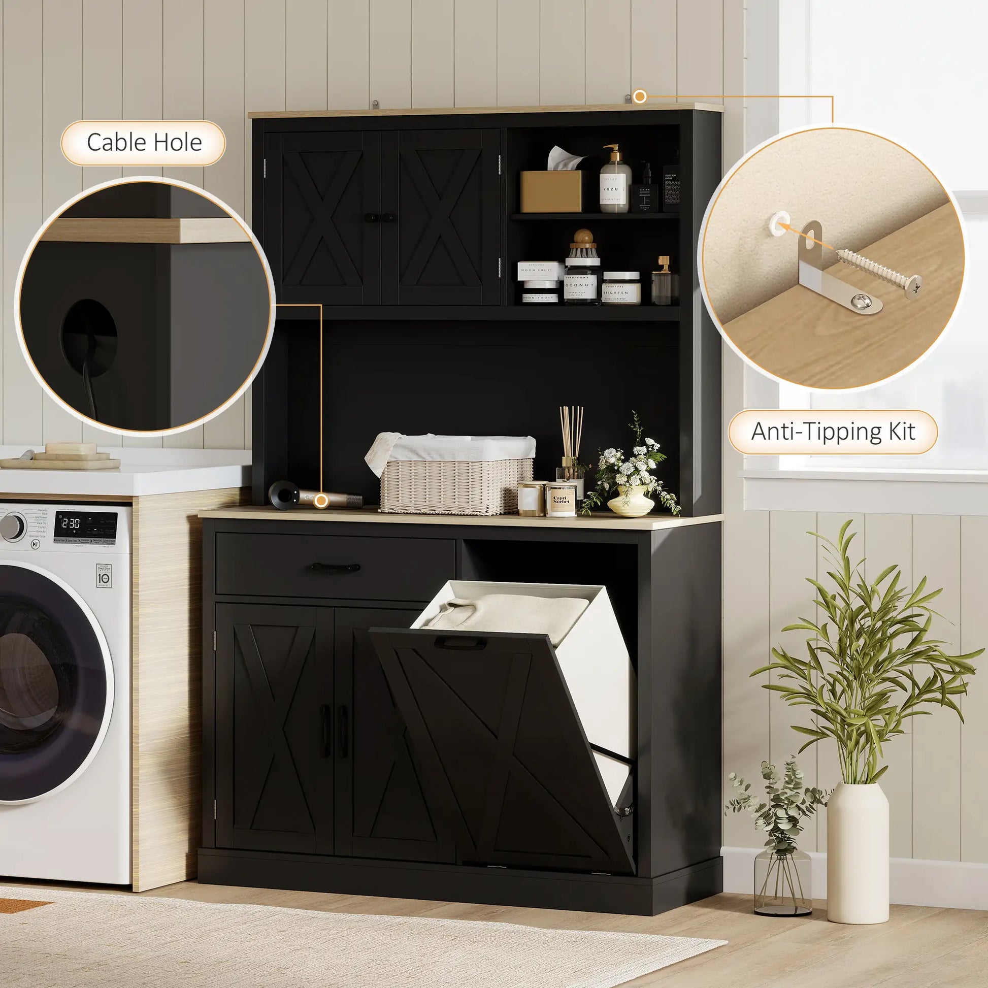 69 Inch Pantry Cabinet with Charging Station, Microwave Stand, Tilt-Out Trash Can, Black Kitchen Pantry Cabinets at Gallery Canada