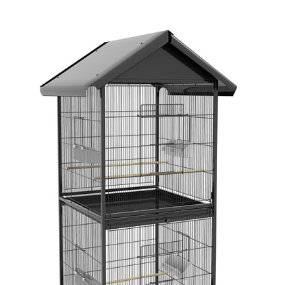 Wrought Metal Bird Cage Feeder with Rolling Stand Perches Food Containers Doors Wheels 67" H, Black at Gallery Canada