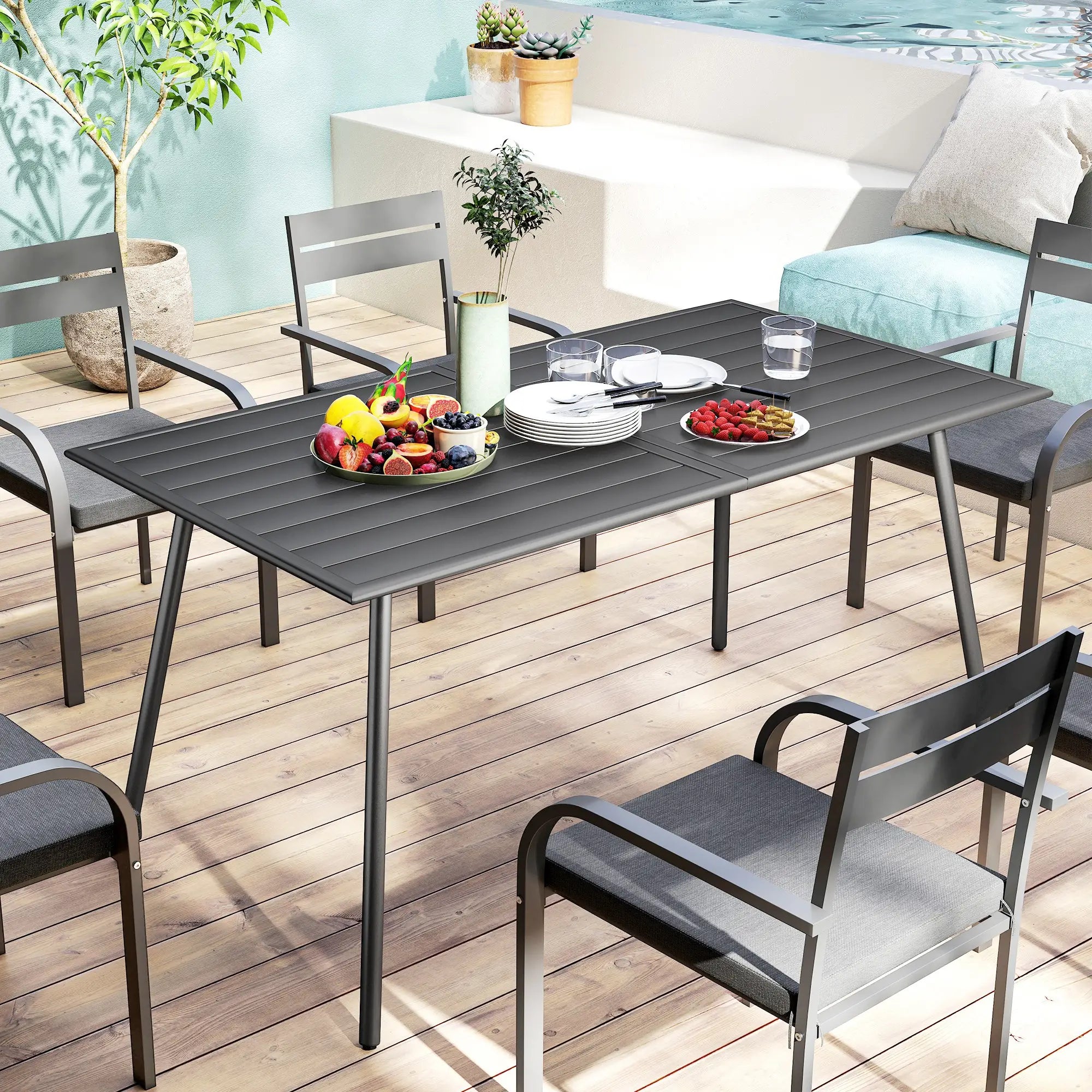 Rectangle Patio Dining Table for 6, Metal Steel Slat, 59