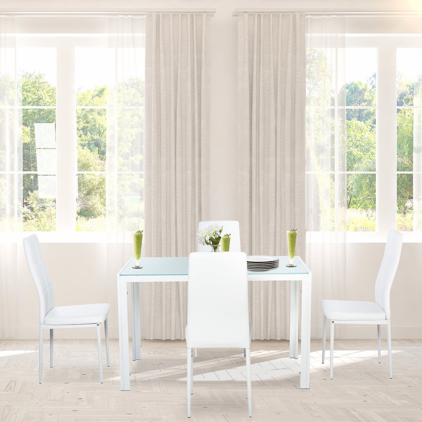Dining Table Set for 4, 5-Piece Rectangular Glass Kitchen Table and Chairs with Metal Frame and Faux Leather Upholstery for Dining Room, Living Room, White at Gallery Canada