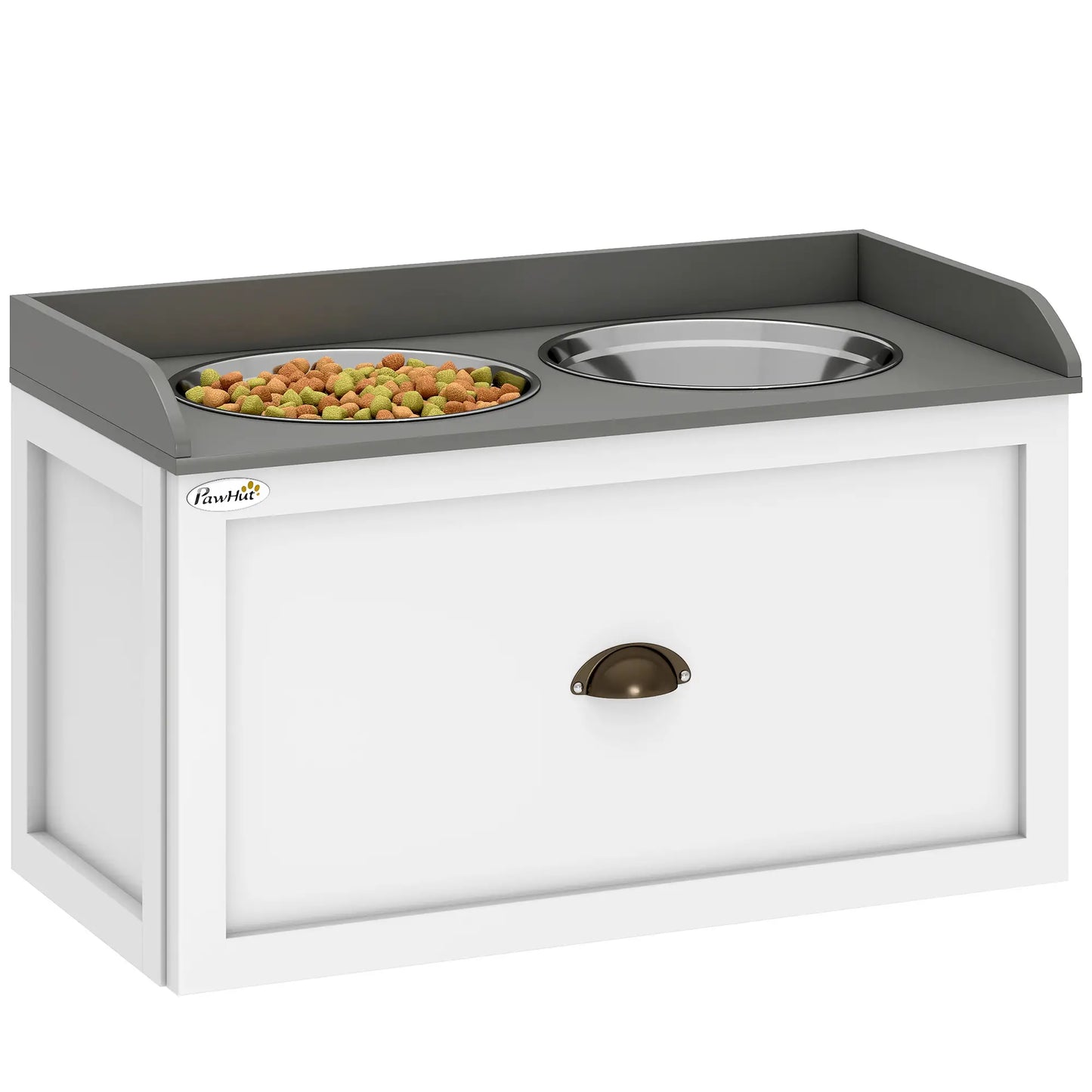 Station d'alimentation pour chiens surélevée, 2 bols en acier inoxydable, 23,6"x11,8"x14,2", blanc