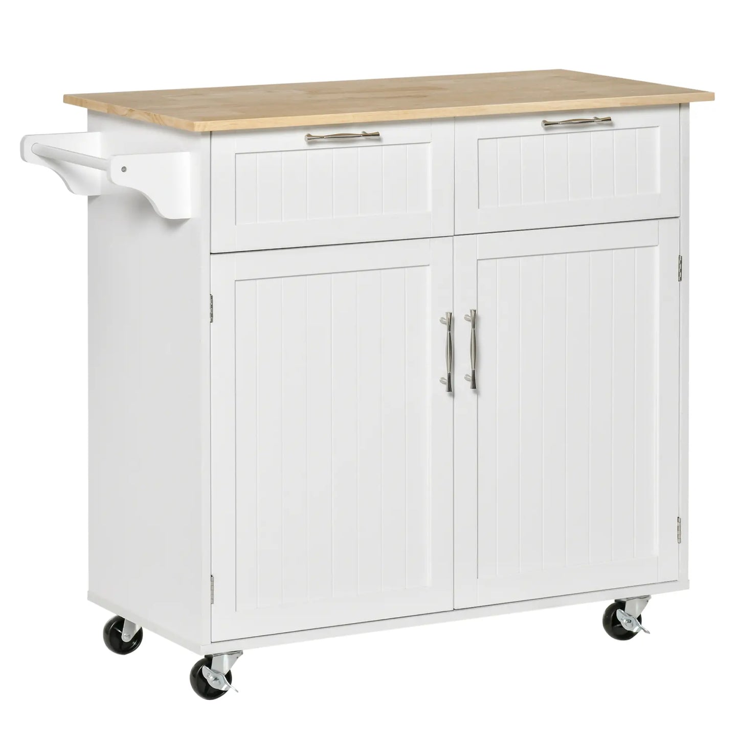 Rolling Kitchen Island with Drawers, Rubber Wood Top, Cabinet, White Kitchen Islands & Kitchen Carts White at Gallery Canada