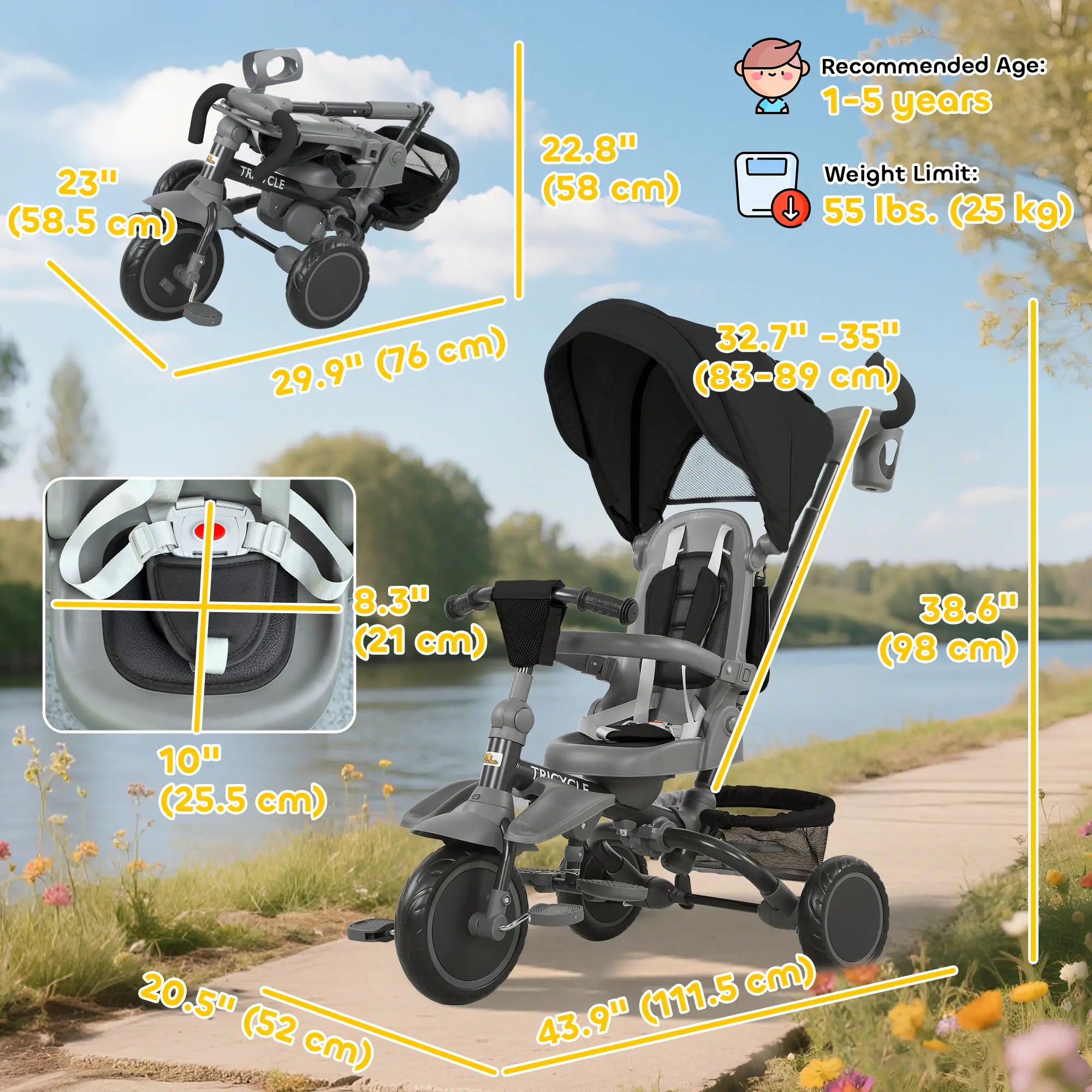 6 in 1 Toddler Tricycle, Push Handle, Removable Canopy, Rotatable Seat, Black Tricycles for Kids at Gallery Canada