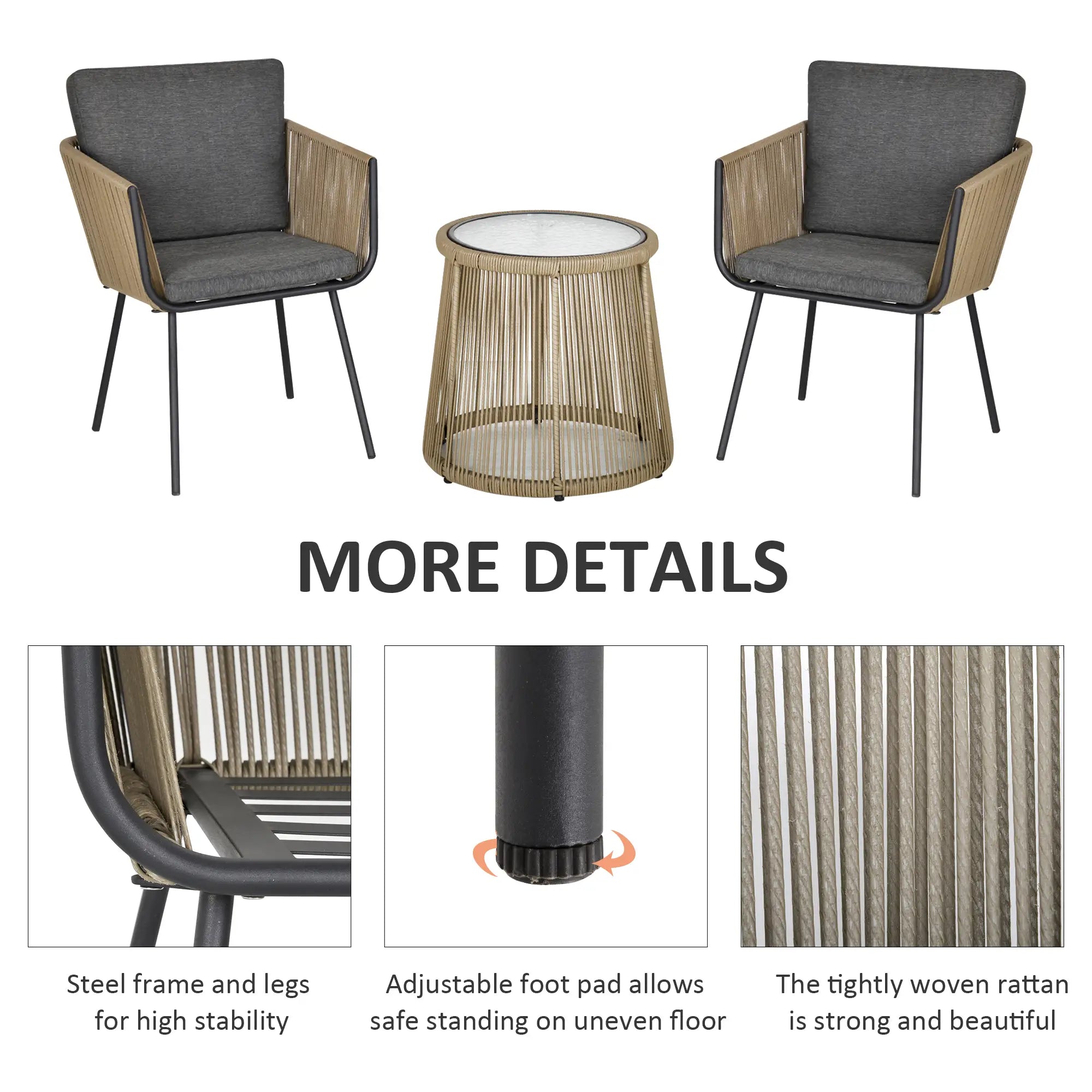 3 Piece Wicker Patio Set, Rattan Bistro with Coffee Table, Cushions, Grey Bistro Sets at Gallery Canada