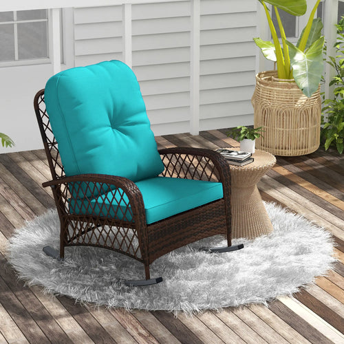 Outdoor Wicker Rattan Rocking Chair, Thick Cushions, Turquoise