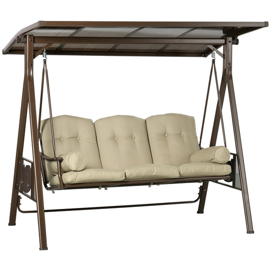 3-Seat Patio Swing Chair, Outdoor Canopy Glider with Cushion, Khaki Porch Swings with Canopy Brown & Khaki at Gallery Canada