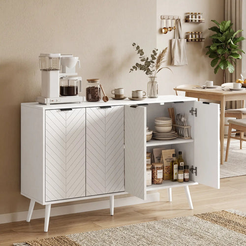 Modern Sideboard and Buffet, Dining Room Cabinet with Adjustable Shelves and 4 Doors, White