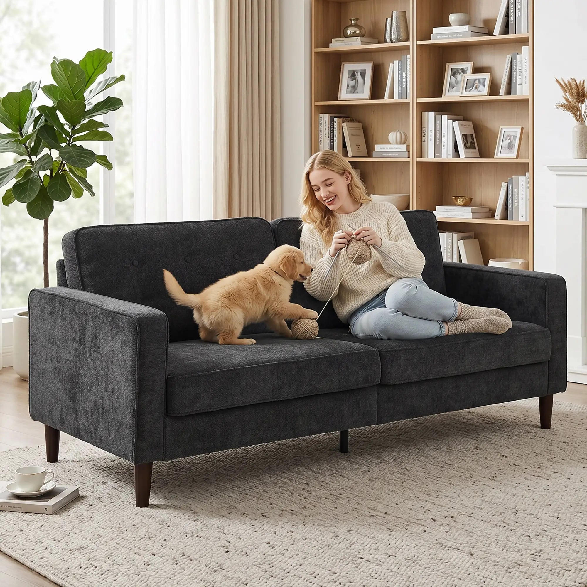 3 Seater Sofa Upholstered with Padded Cushion Modern Button Tufted Couch with Wood Legs, Dark Grey 3-Seater Sofas at Gallery Canada