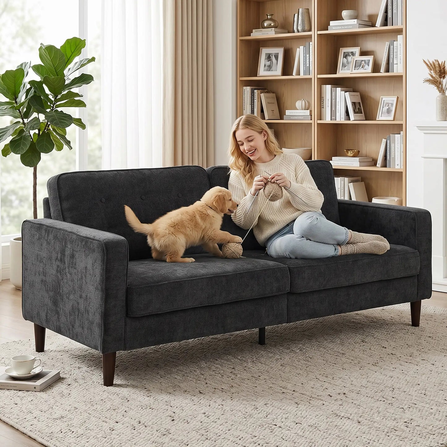 3 Seater Sofa Upholstered with Padded Cushion Modern Button Tufted Couch with Wood Legs, Dark Grey 3-Seater Sofas at Gallery Canada