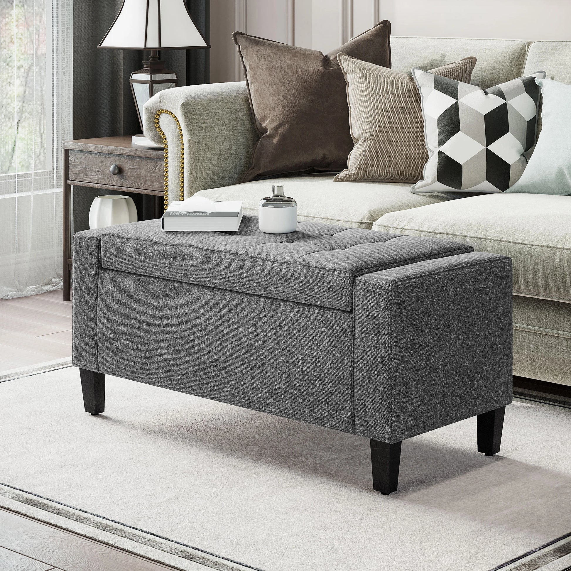Storage Ottoman Bench, Tufted Linen Fabric, Flipping Top, Grey Storage Ottomans & Benches at Gallery Canada