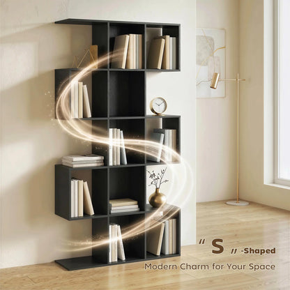 5-Tier S-Shaped Bookshelf, 15 Compartment Geometric Bookcase, Black Wood Grain, Black Display Bookshelves at Gallery Canada