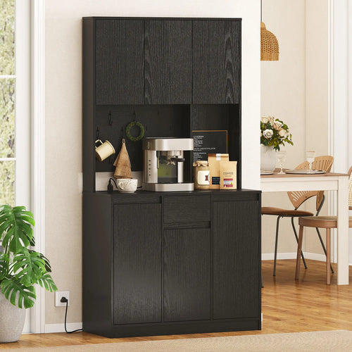 71 Inch Pantry Cabinet with Charging Station, Microwave Stand, Black