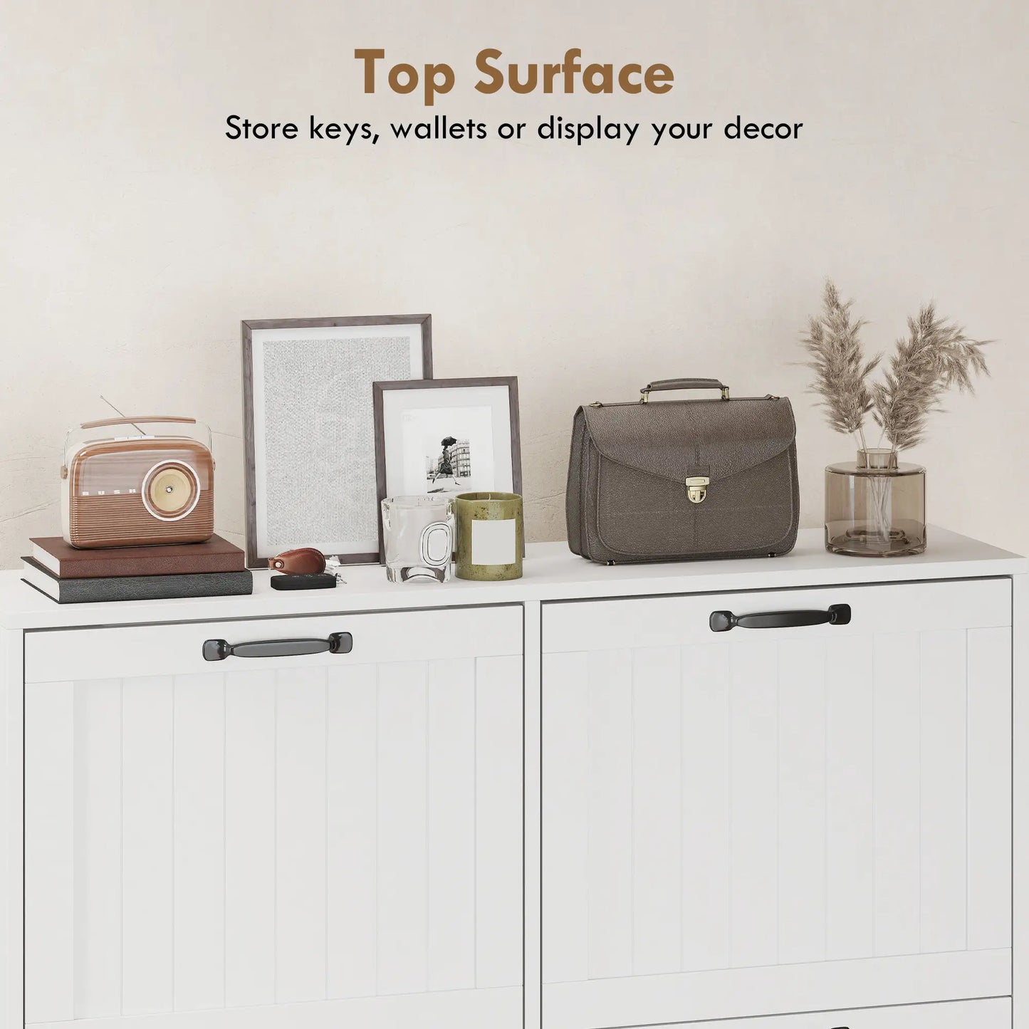 Shoe Cabinet with 4 Flip Drawers, Freestanding Narrow Shoe Storage Cabinet with Adjustable Shelves, Open Back, White