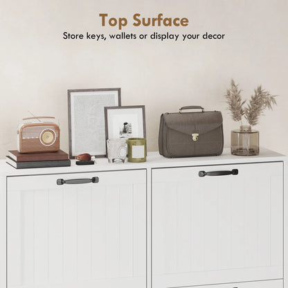 Shoe Cabinet with 4 Flip Drawers, Freestanding Narrow Shoe Storage Cabinet with Adjustable Shelves, Open Back, White