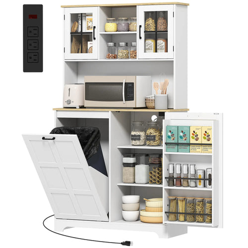 Kitchen Pantry Cabinet, 7 Gallon Trash Can, Adjustable Shelves, White