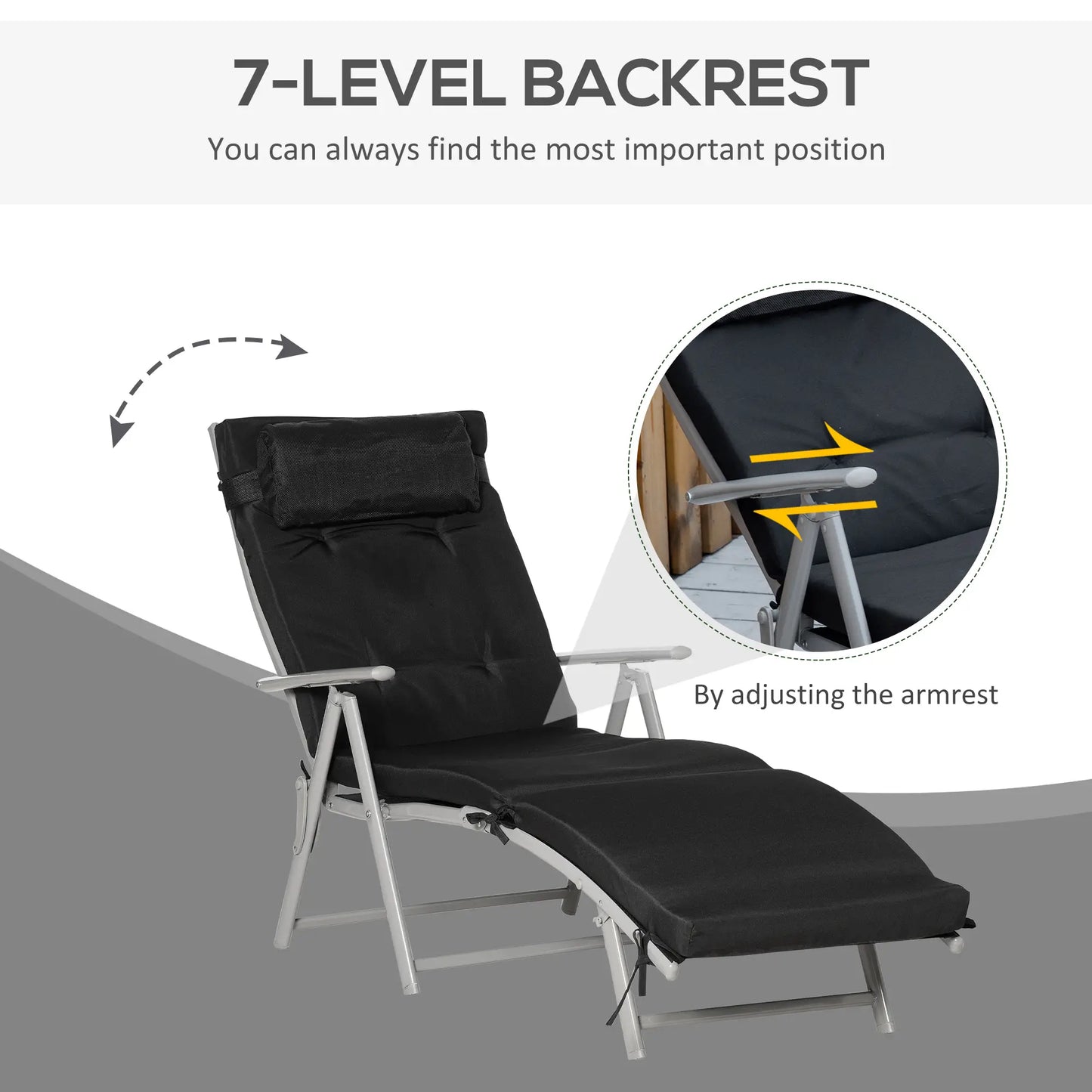 Outdoor Folding Chaise Lounge, Adjustable Backrest, Black Lounger Chairs at Gallery Canada