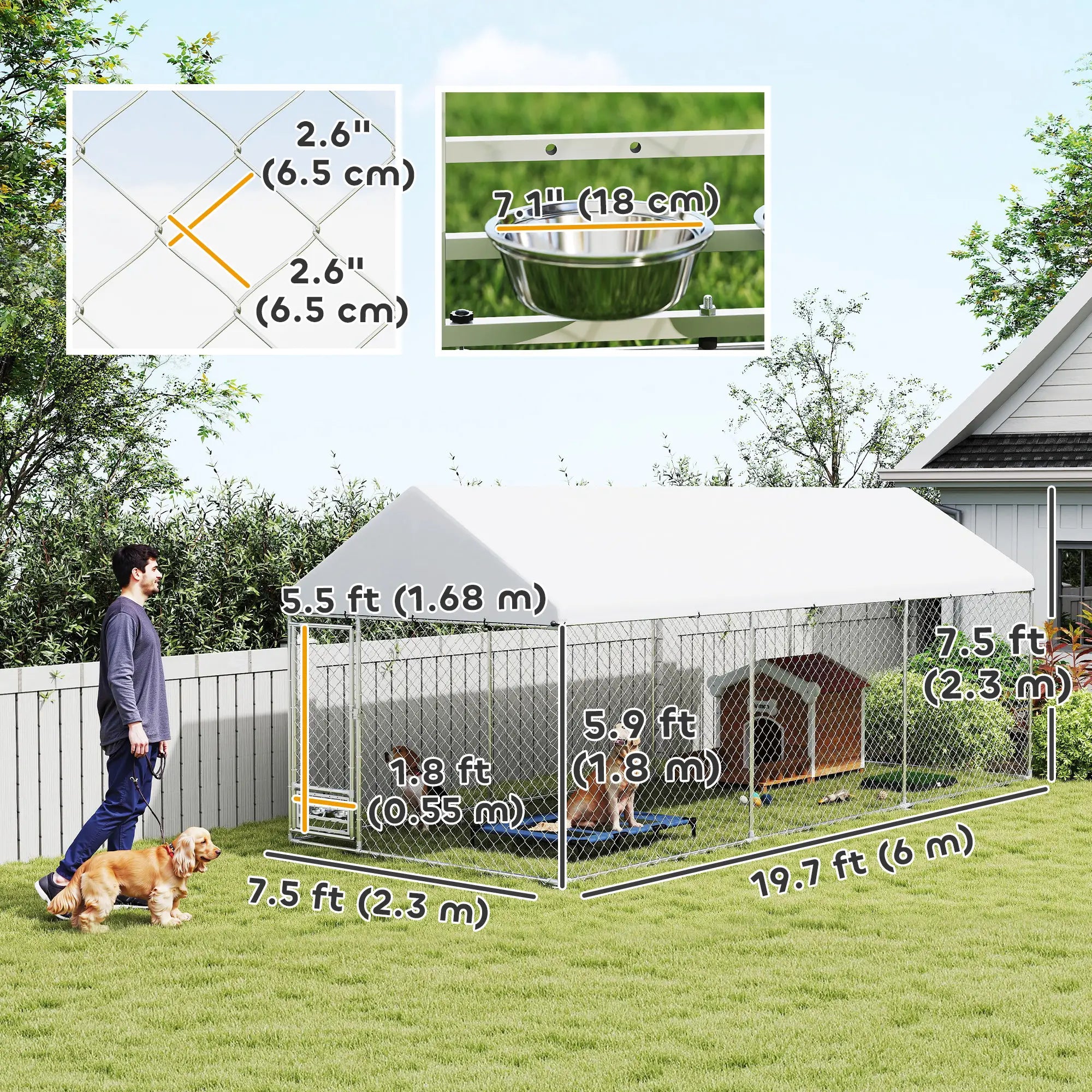 Outdoor Dog Run, Adjustable Bowls, Waterproof Cover, 19.7' x 7.5' x 7.5' Houses, Kennels & Pens at Gallery Canada