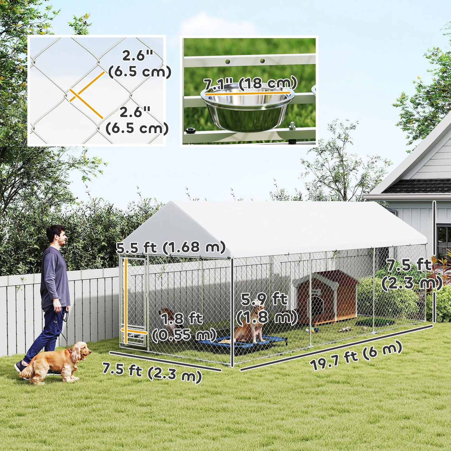 Outdoor Dog Run, Adjustable Bowls, Waterproof Cover, 19.7' x 7.5' x 7.5' Houses, Kennels & Pens at Gallery Canada
