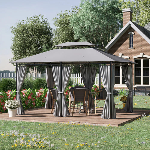 10' x 13' Patio Gazebo, 2-Tier Canopy with Curtains, Dark Grey
