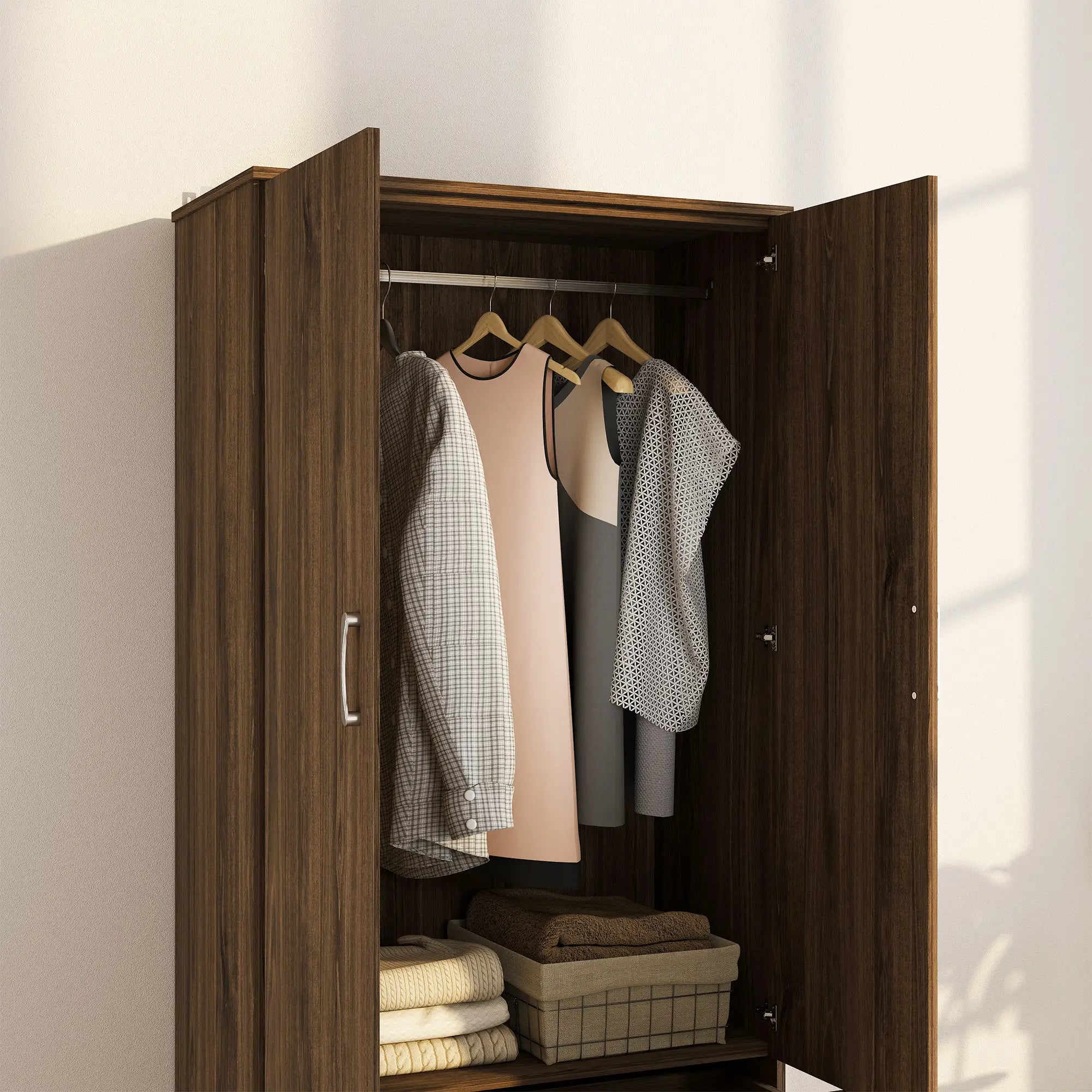 Wardrobe Closet, Hanging Rod, 2 Doors, 2 Drawers, Walnut Clothing Storage at Gallery Canada