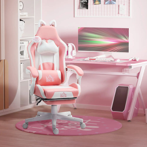 Racing Gamer Chair, Faux Leather with Footrest, Headrest, Lumbar Support, Pink