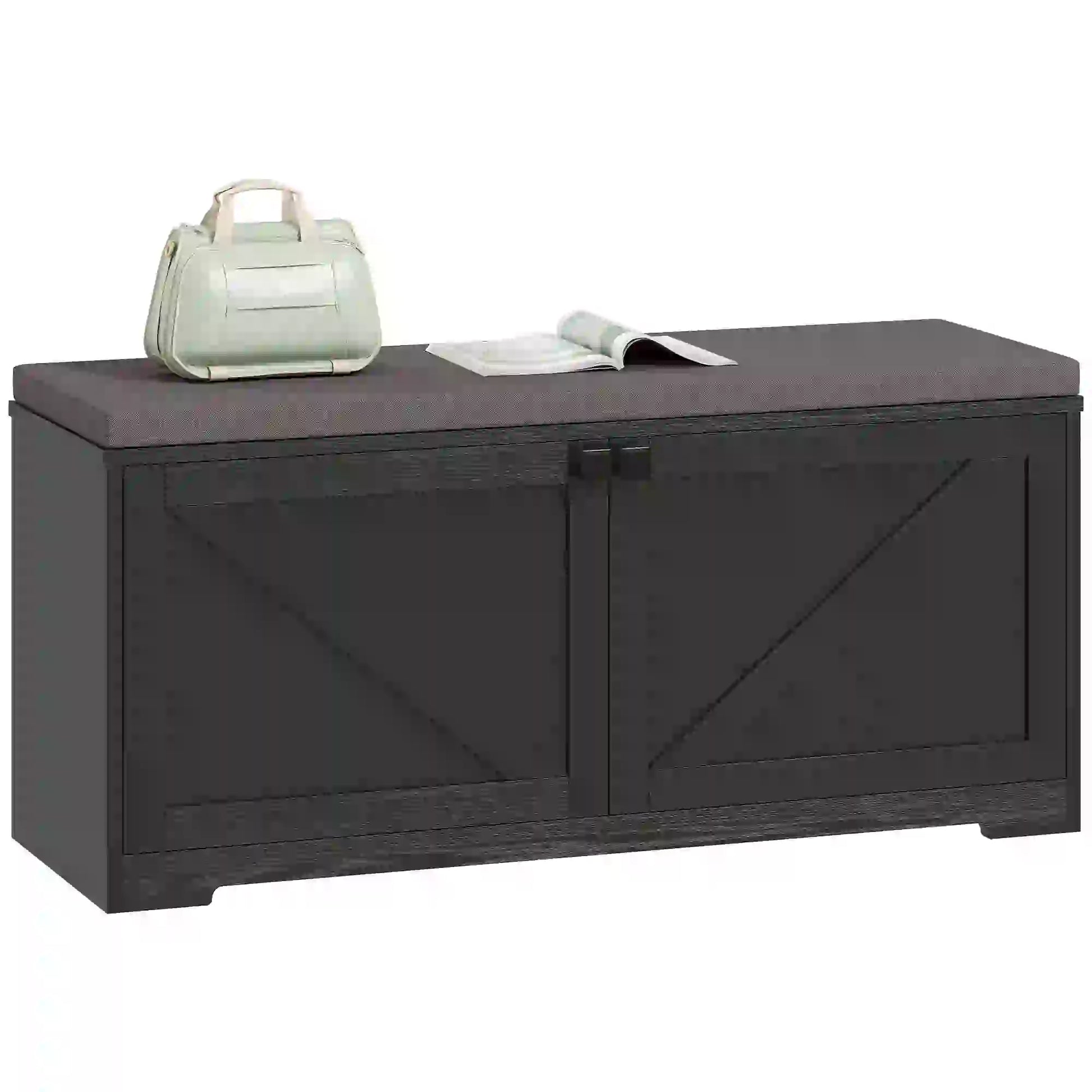 Shoe Storage Bench with Padded Seat, Entryway Bench, 8 Pairs, Black Wood Grain, Black Shoe Storage Cabinets & Racks Black Wood Grain at Gallery Canada