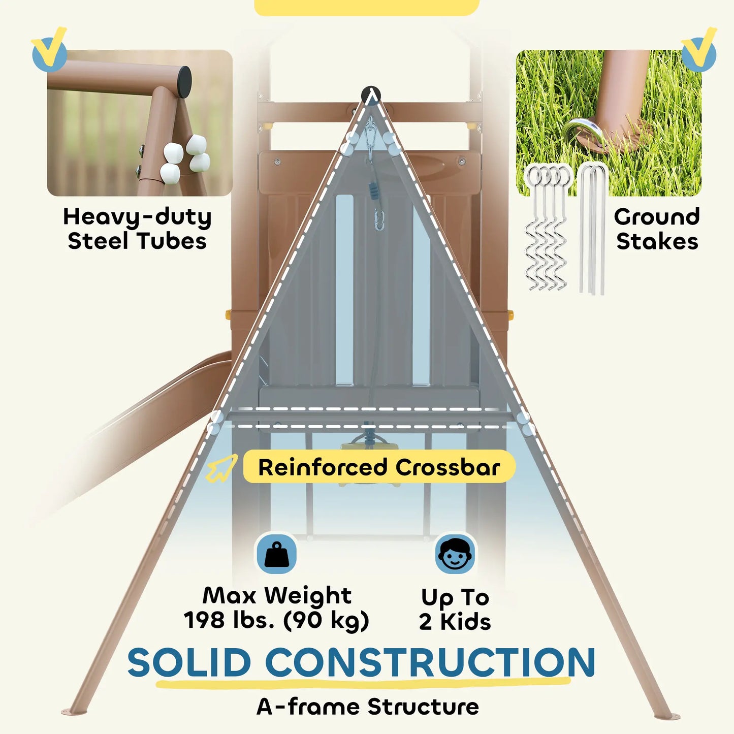 4-in-1 Kids Swing Set with Slide, Fort, Ladder, Stakes, Ages 3-8, Brown Gym Sets & Swings at Gallery Canada