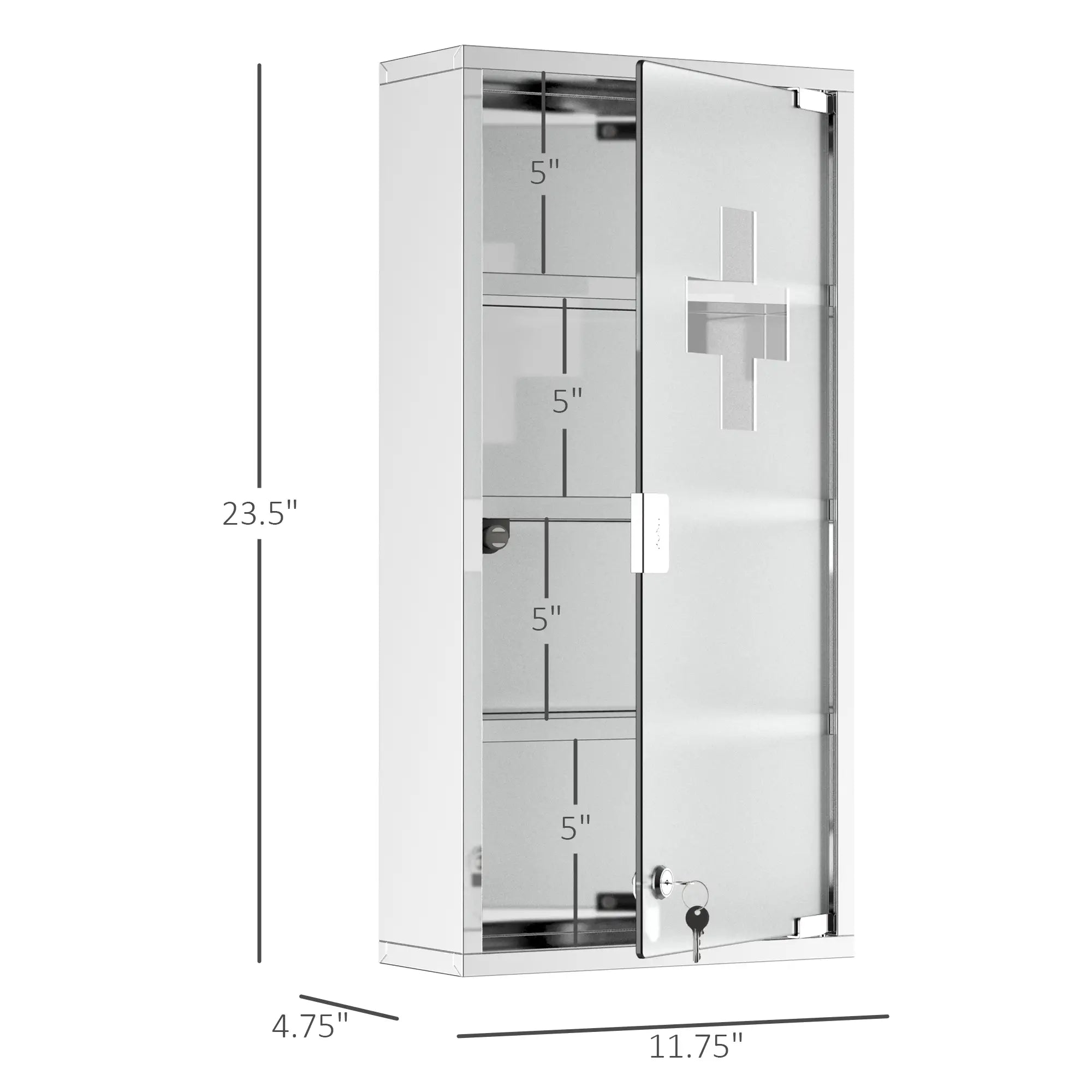 Wall Mount Medicine Cabinet, 4 Tier Shelves, Stainless Steel Frame, Glass Door, Lockable, 12