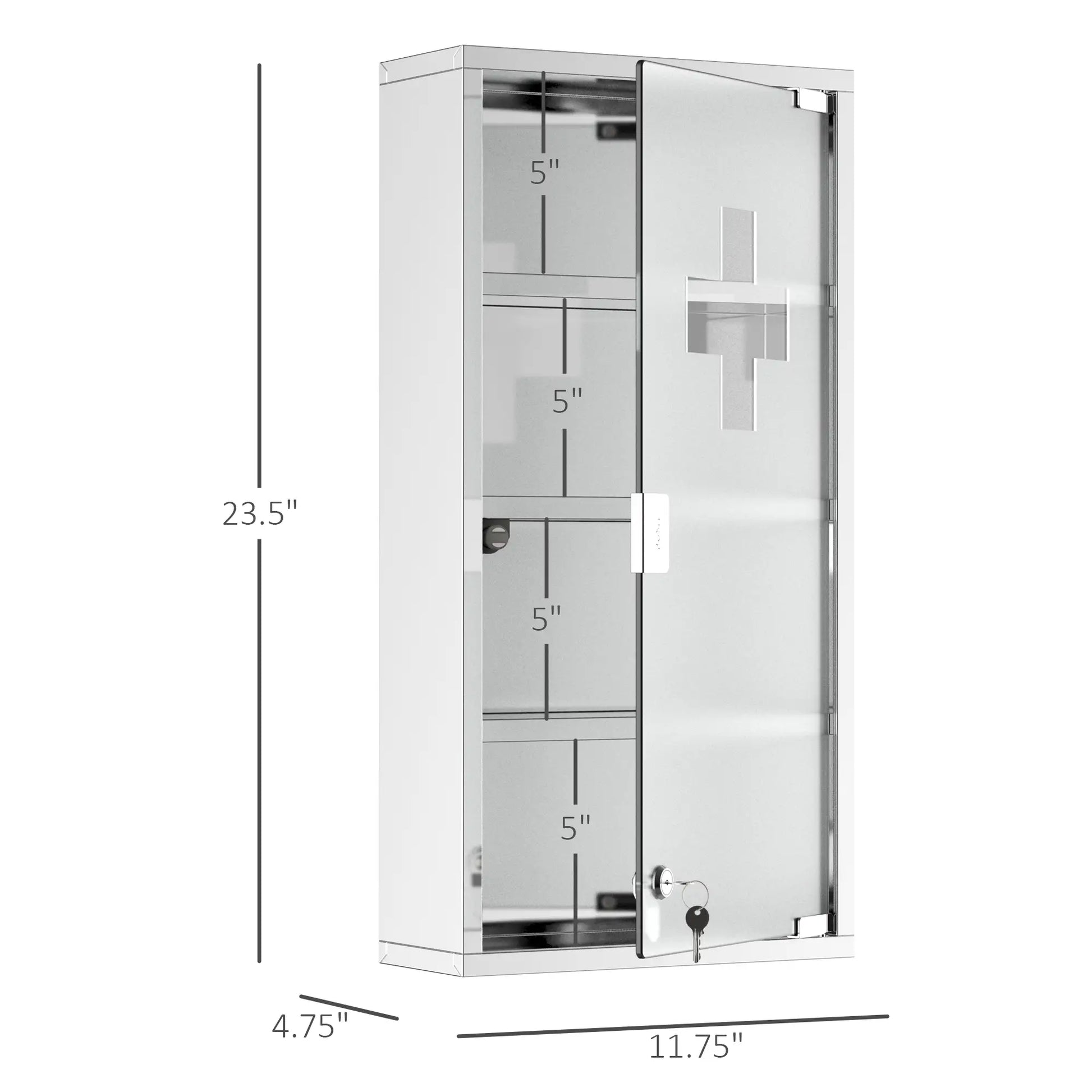 Wall Mount Medicine Cabinet, 4 Tier Shelves, Stainless Steel Frame, Glass Door, Lockable, 12" x 23.5", Silver Mirror Medicine Cabinets at Gallery Canada