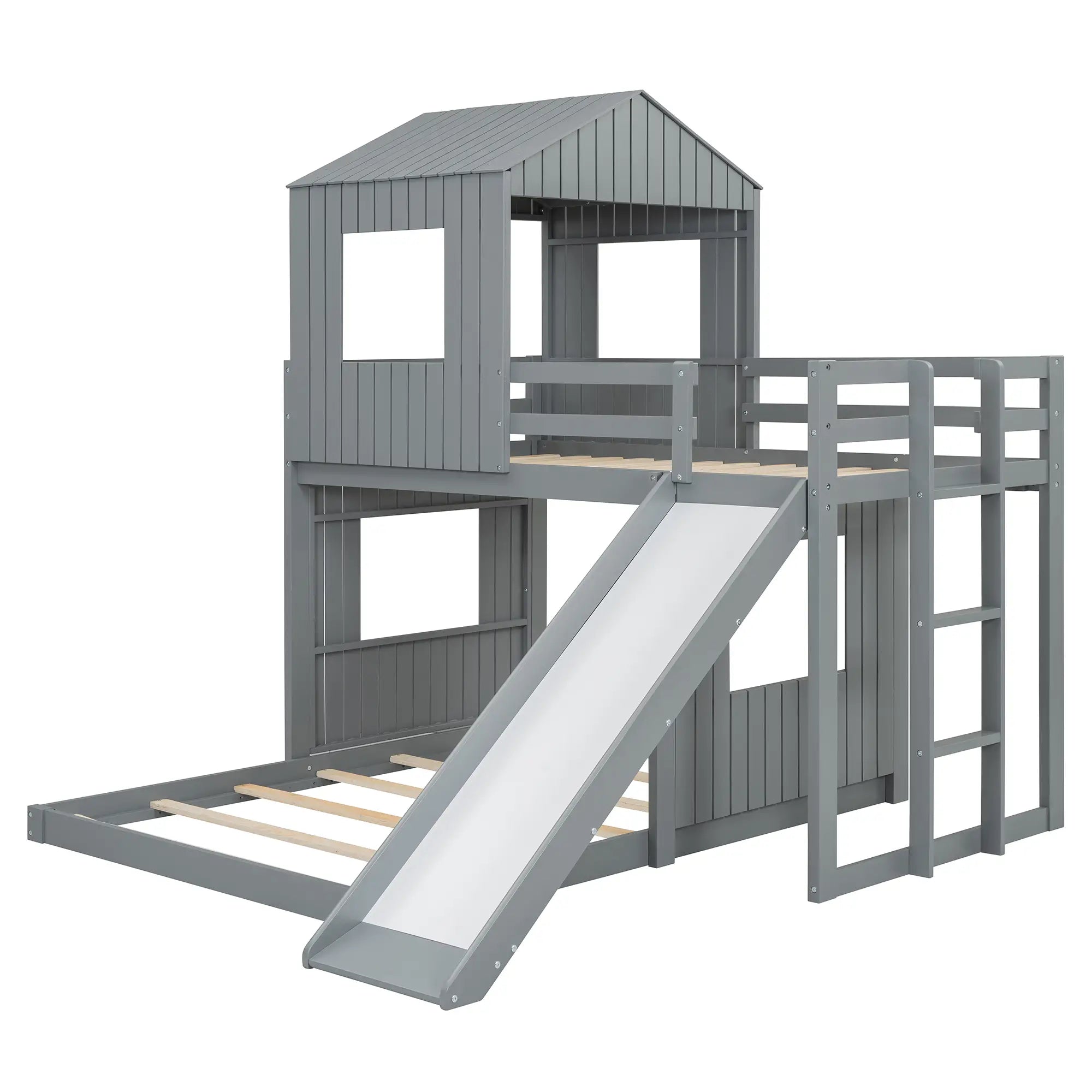 Twin Over Full Bunk Bed with Playhouse, Ladder, Slide, Guardrails, 82