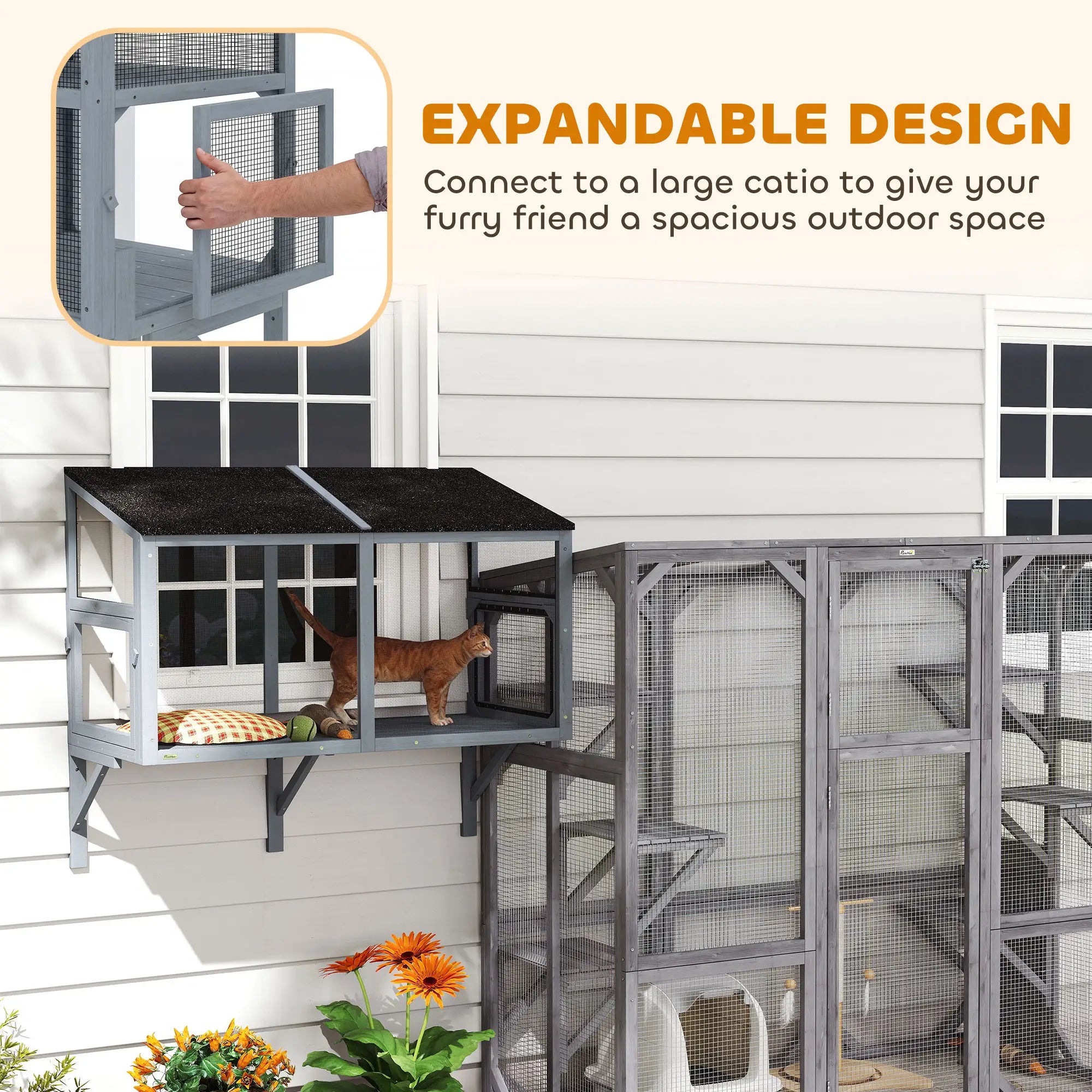 Outdoor Cat Enclosure, Expandable Wooden Cat House, 51.2