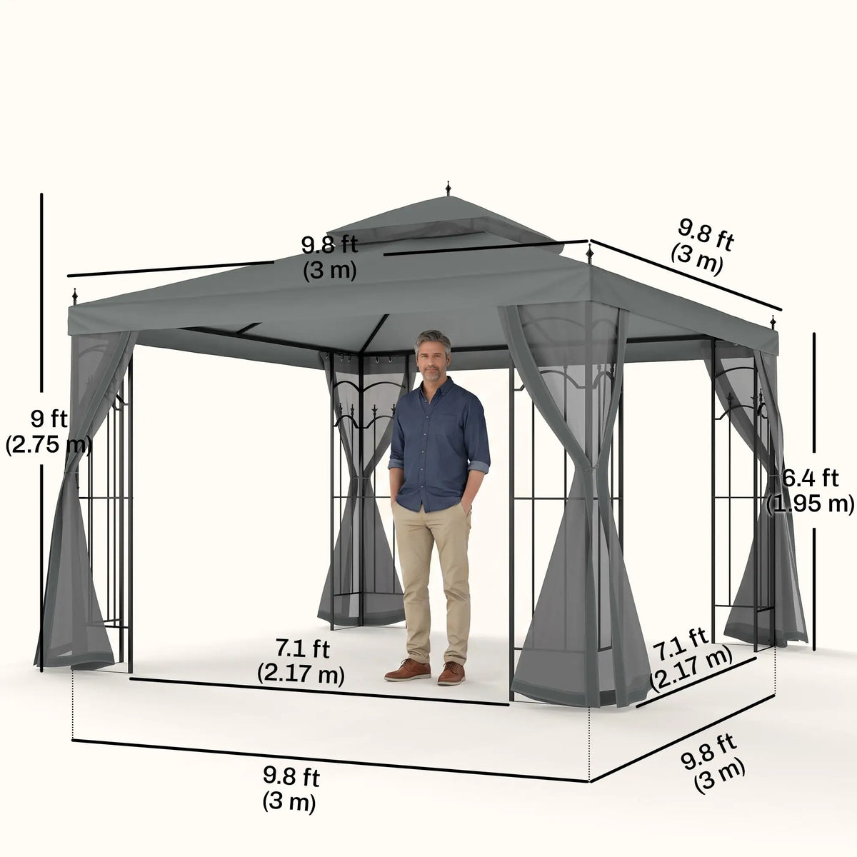 10' x 10' Steel Outdoor Gazebo, Removable Mesh Curtains, Grey Gazebos at Gallery Canada