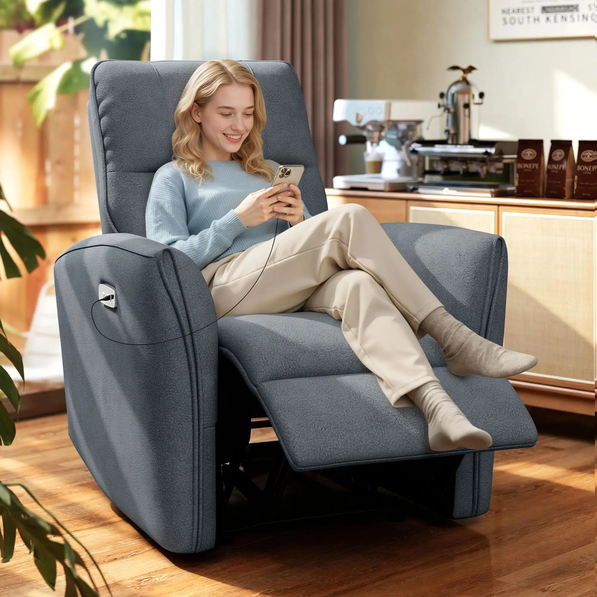 Fabric Recliner Chair, USB Ports, Footrest, Charcoal Grey Sofas & Reclining Chairs at Gallery Canada