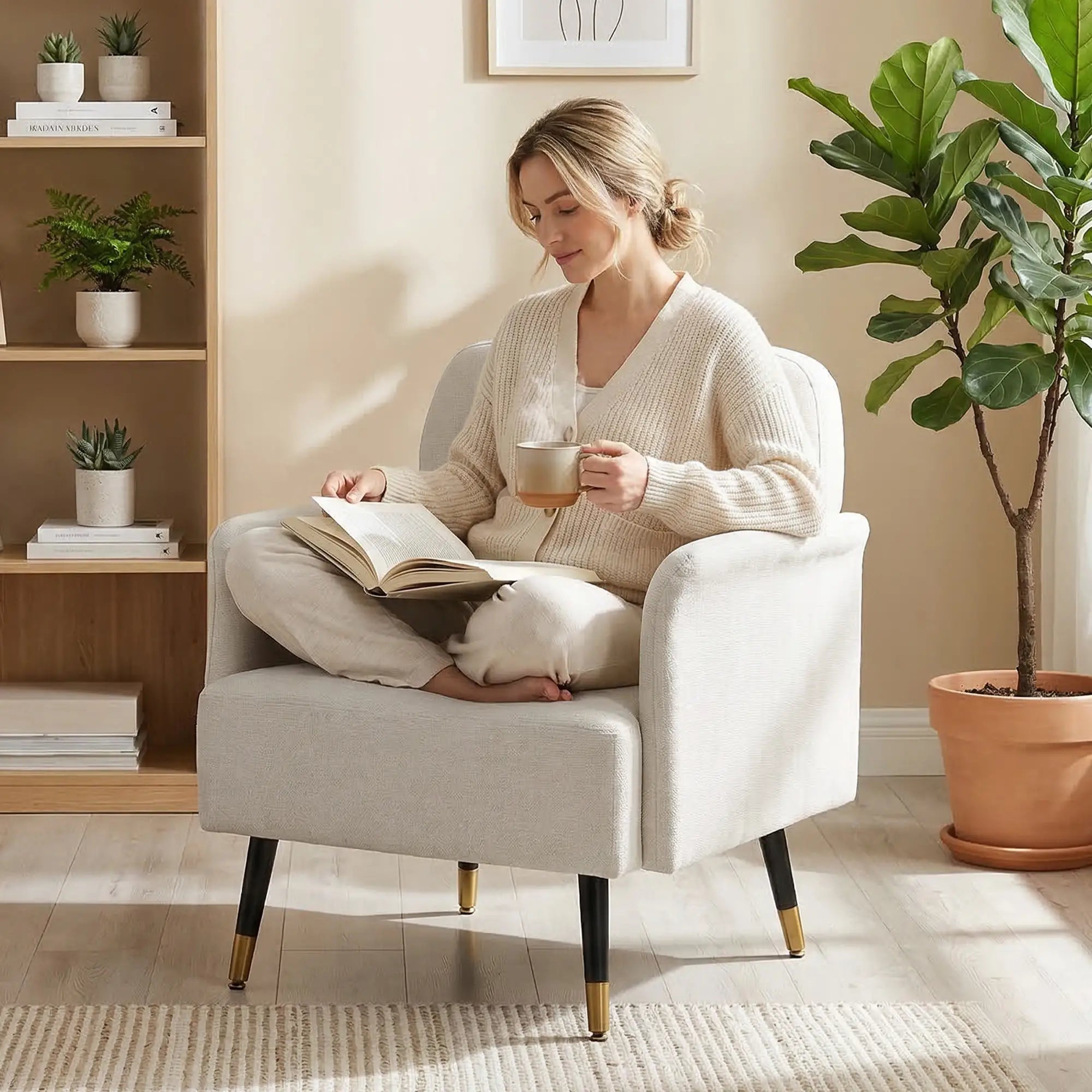 Modern Tufted Accent Chair, Metal Legs, Upholstered Reading Armchair, Cream White Accent Chairs at Gallery Canada