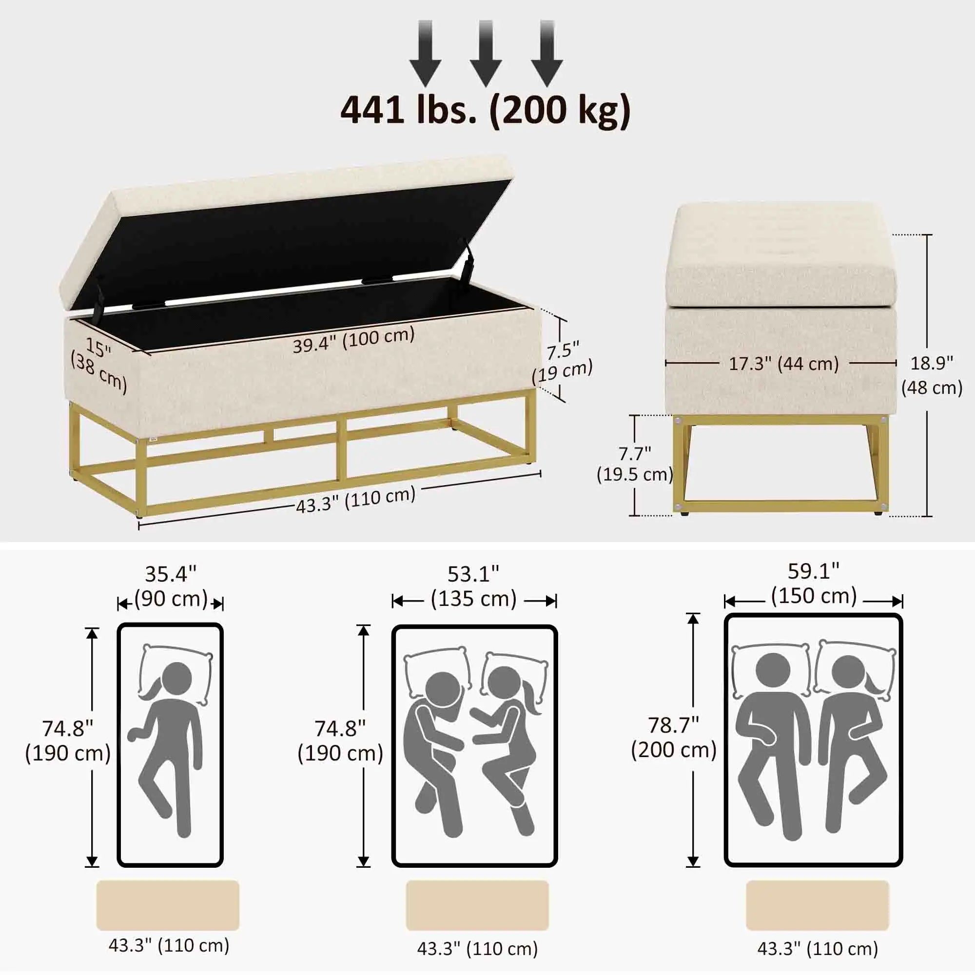 Storage Ottoman, Flip Top Upholstered Bench, Linen Fabric, Steel Legs, Beige Storage Ottomans & Benches at Gallery Canada