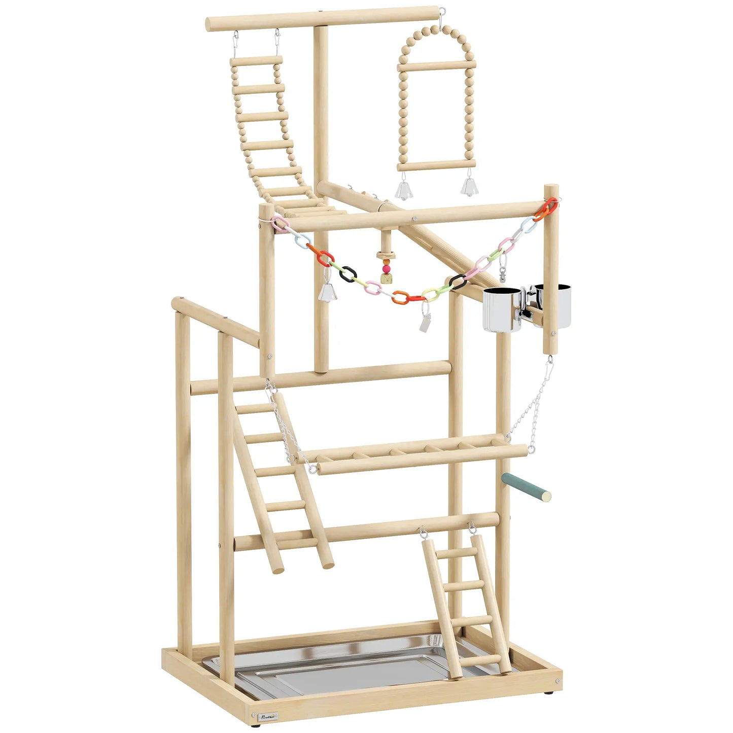 Bird Playground, 4 Layer Wooden Play Stand, Ladders, Chain Toy, Stainless Steel Cups Bird Cages Natural at Gallery Canada
