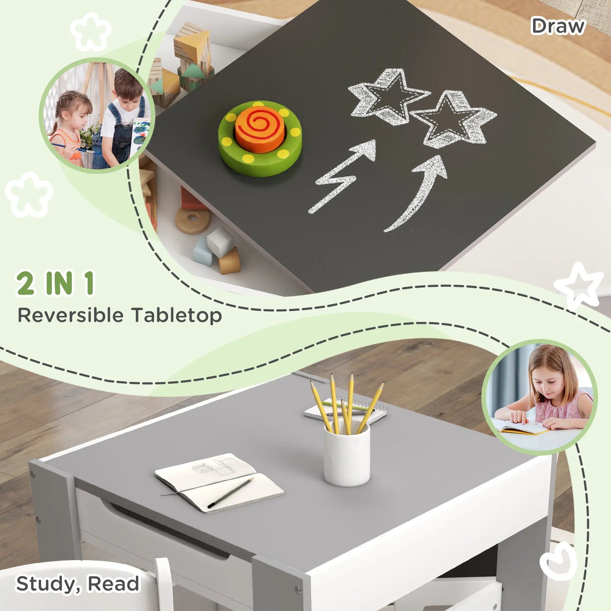 3 Piece Kids Table and Chair Set, Reversible Tabletop, Blackboard, Storage, Grey Kids Table Sets at Gallery Canada