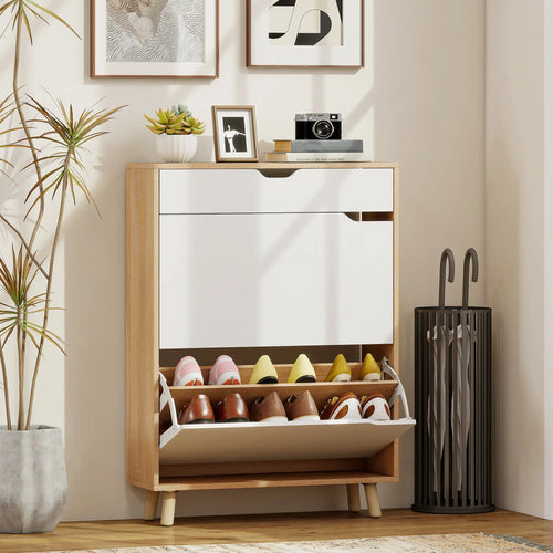 Narrow Shoe Cabinet, 2 Flip Drawers, Adjustable Shelves, White