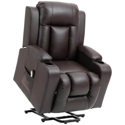 Electric Power Lift Chair, PU Leather Recliner Sofa with Footrest, Remote Control and Cup Holders, Brown - Gallery Canada