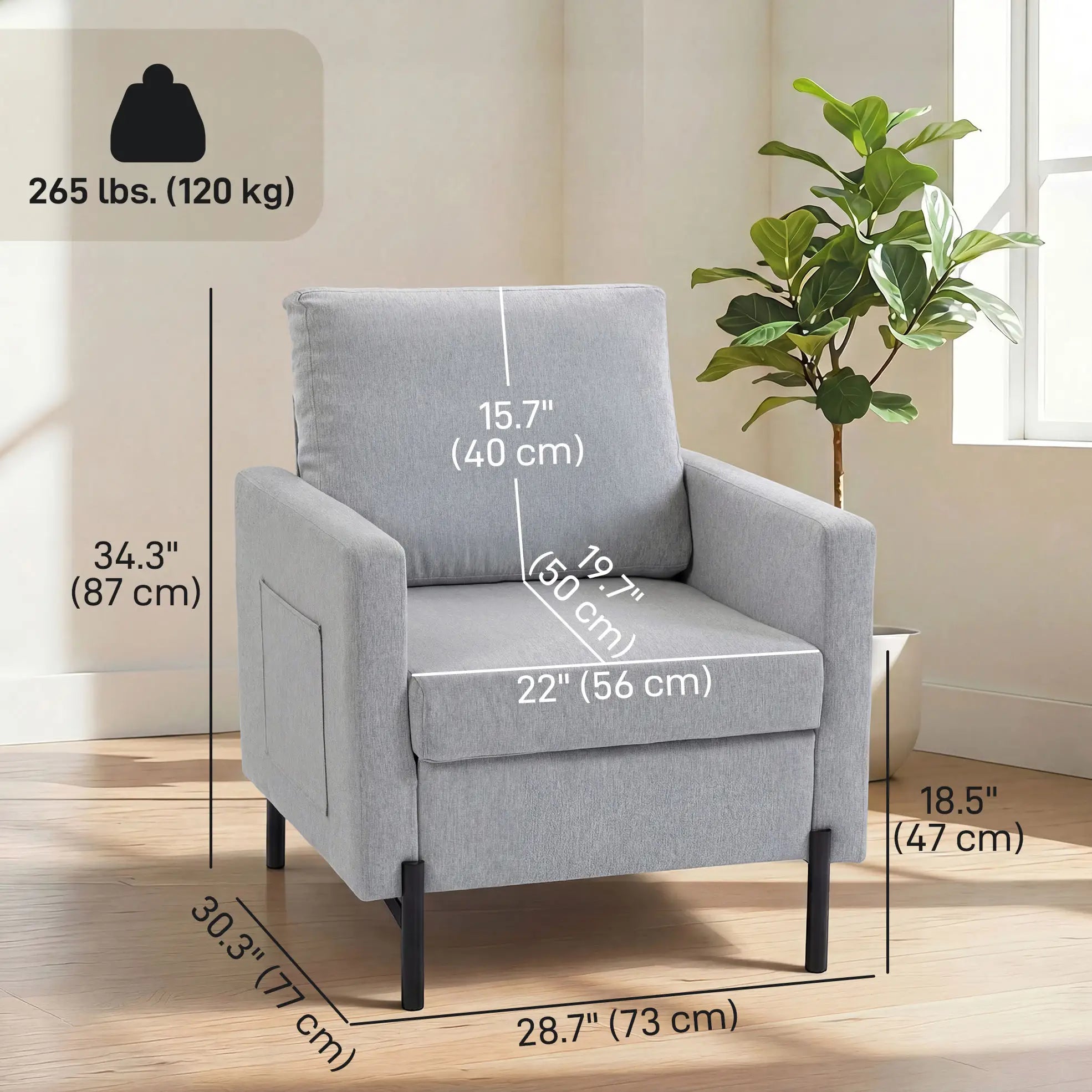 Modern Upholstered Armchair With Side Pockets, Cushion, Light Grey Accent Chairs at Gallery Canada