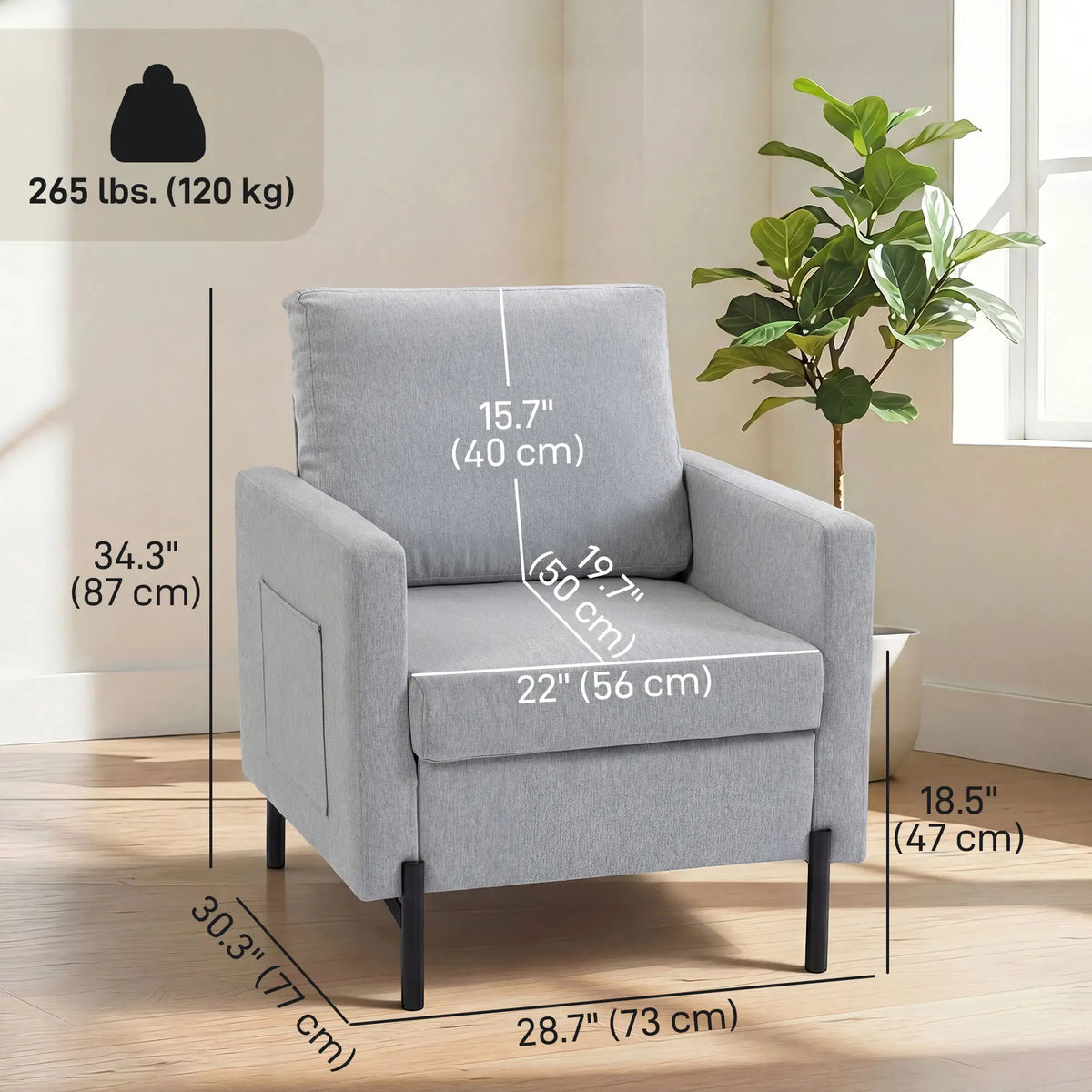Modern Upholstered Armchair With Side Pockets, Cushion, Light Grey Accent Chairs at Gallery Canada