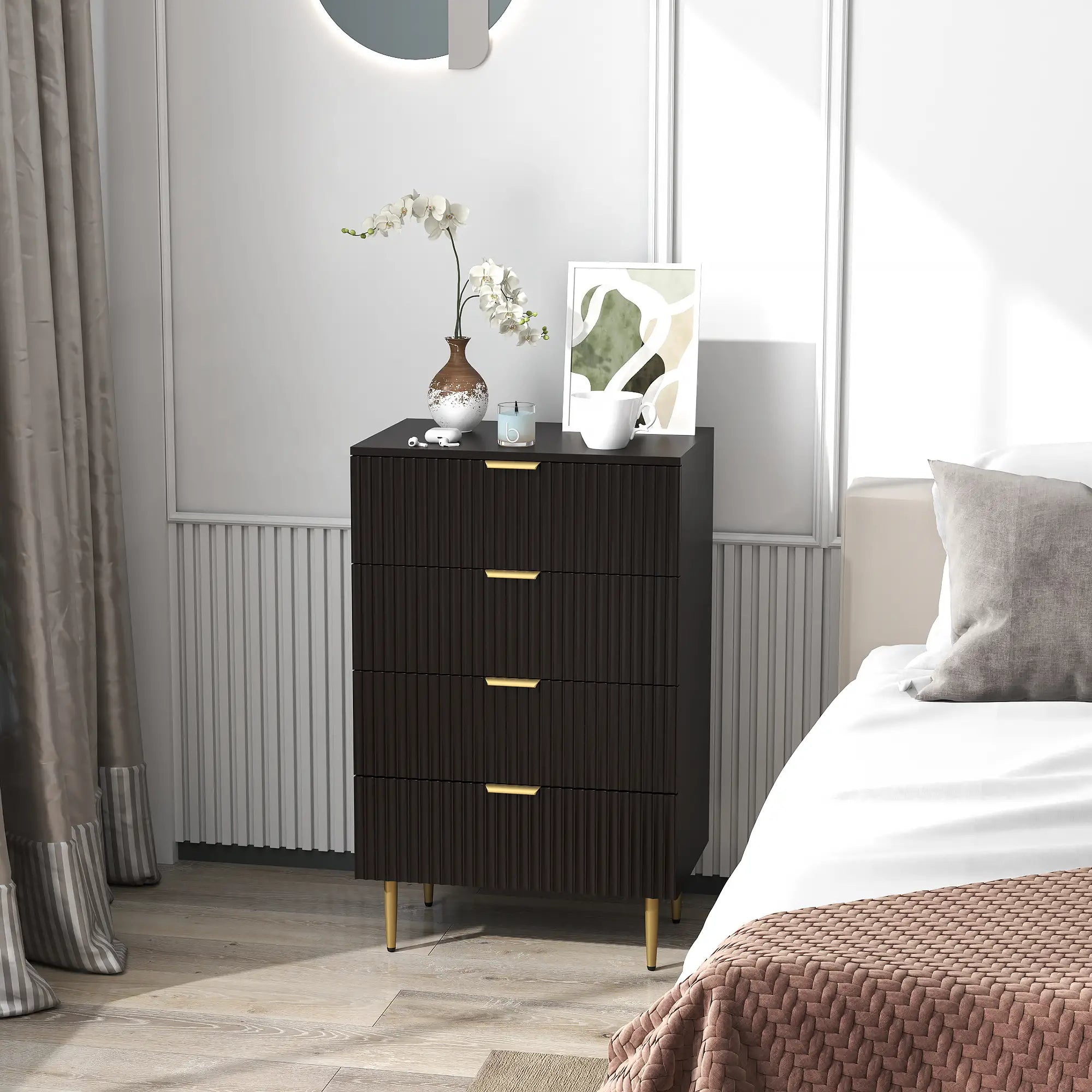 Modern 4 Drawer Dresser, Black with Gold Legs, Bedroom Chest, Black, Gold Storage Cabinets at Gallery Canada