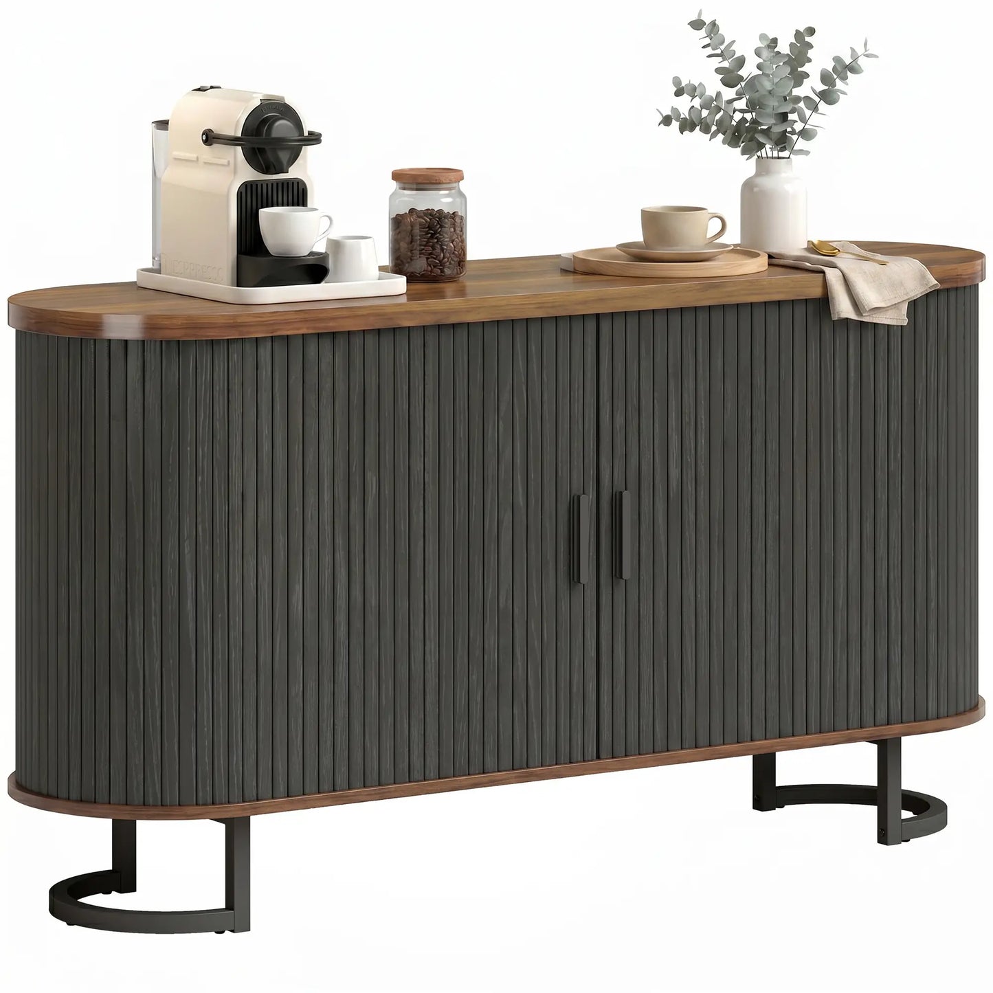 55" Buffet Bahut à Portes Coulissantes Cannetées, Noir
